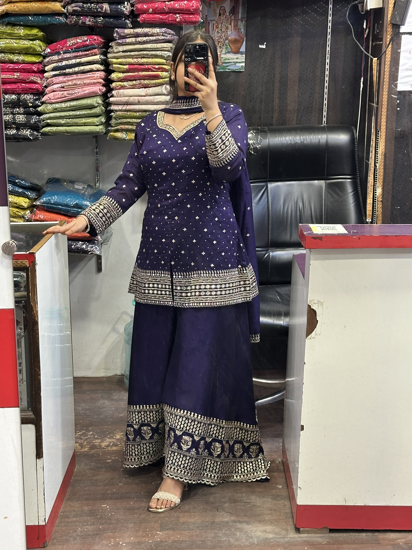 Embroidered Pure Raw Silk 3pc Dress with Lining & Embroidered Full Flared Divider with Designer Embroidered Sleeves and Full Pure Embroidered Dupatta