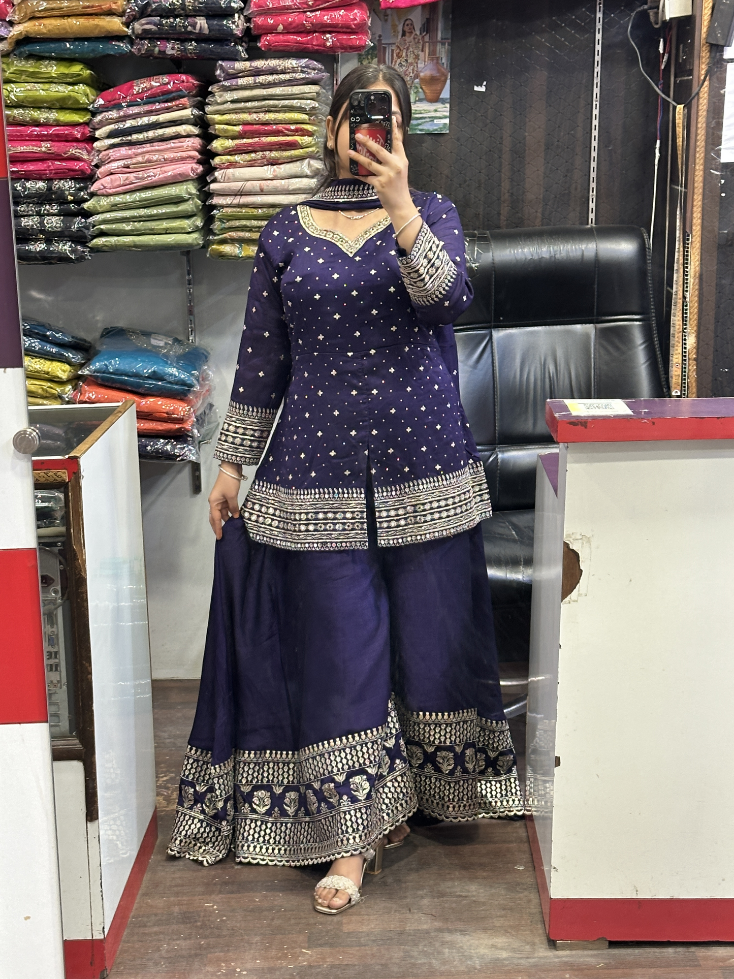 Embroidered Pure Raw Silk 3pc Dress with Lining & Embroidered Full Flared Divider with Designer Embroidered Sleeves and Full Pure Embroidered Dupatta