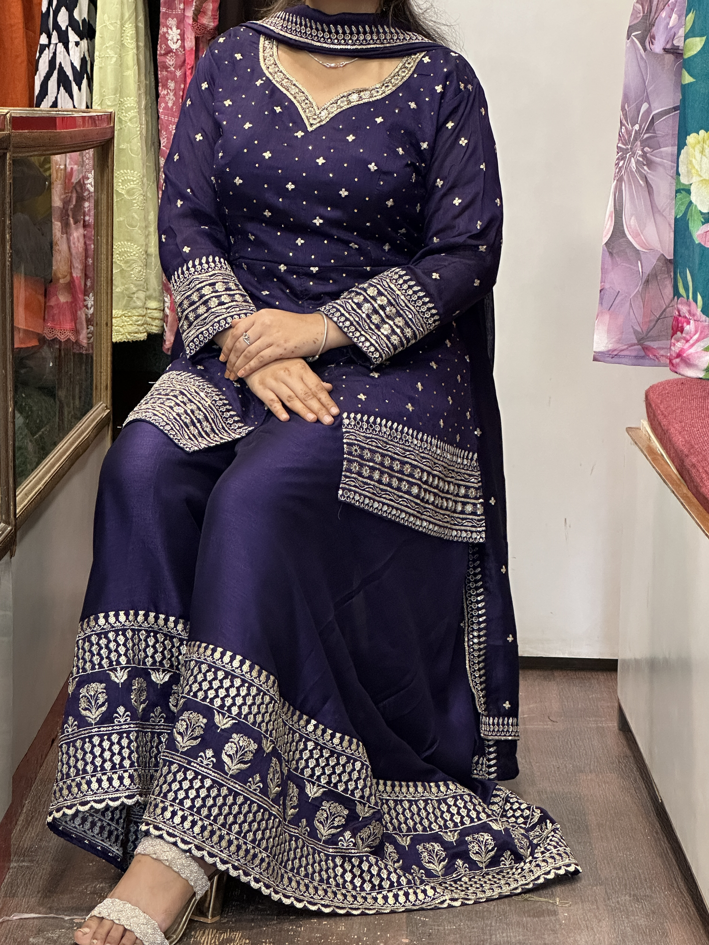 Embroidered Pure Raw Silk 3pc Dress with Lining & Embroidered Full Flared Divider with Designer Embroidered Sleeves and Full Pure Embroidered Dupatta