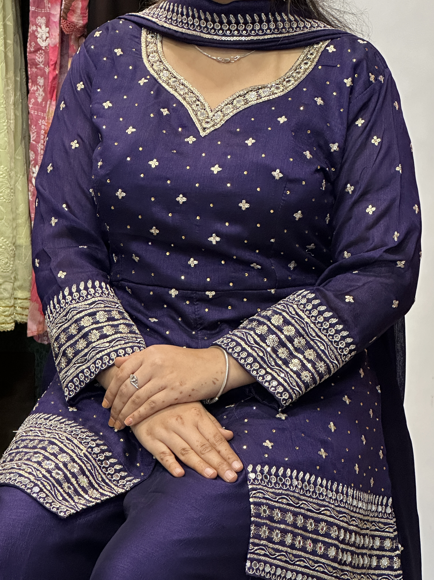 Embroidered Pure Raw Silk 3pc Dress with Lining & Embroidered Full Flared Divider with Designer Embroidered Sleeves and Full Pure Embroidered Dupatta