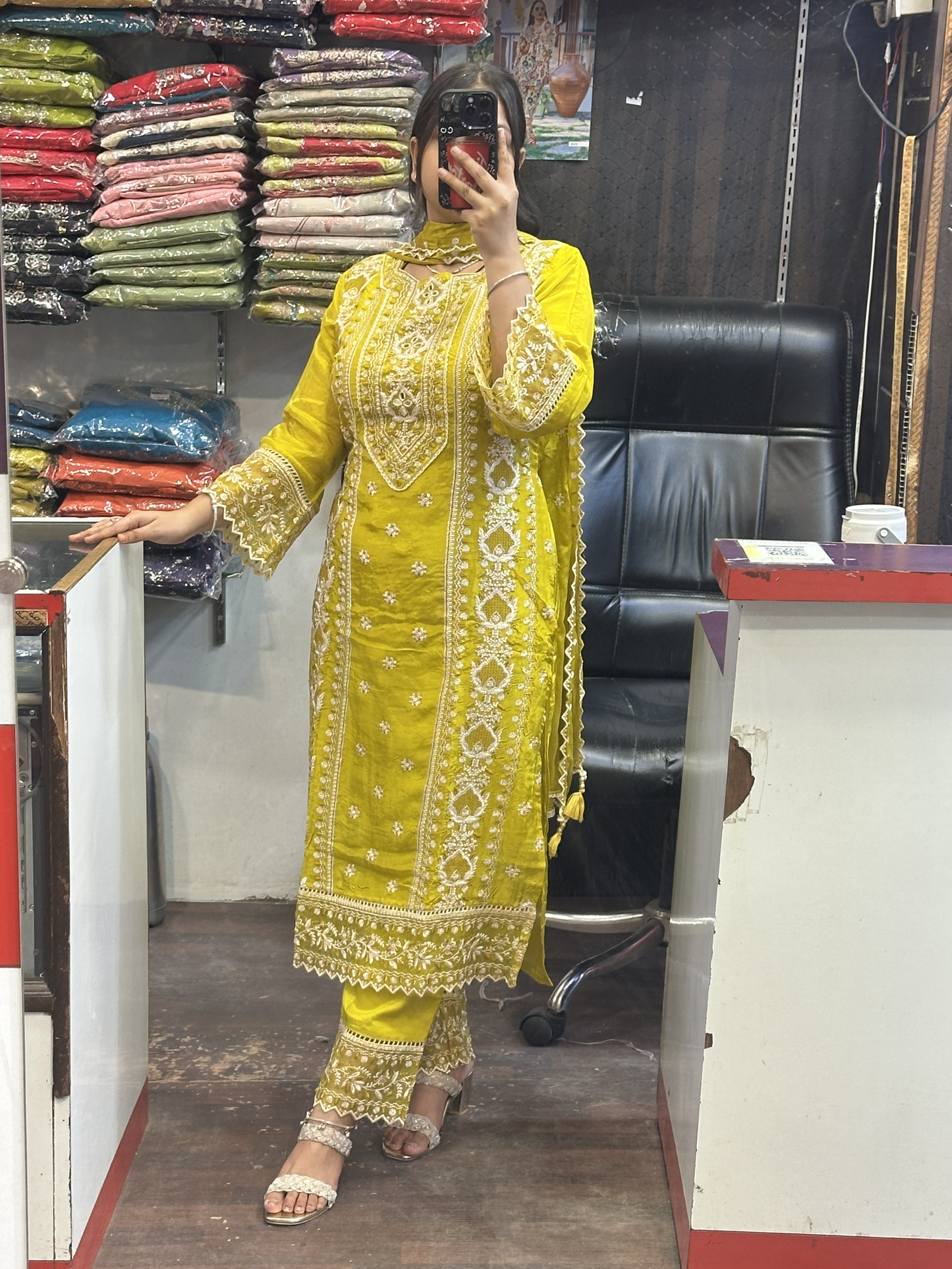 Mustard Premium Pure Chinnon Embroidered Pakistani Suit with Designer Sleeves and Embroidered Plazo Along Side Full Pure Chinnon Embroidered Dupatta