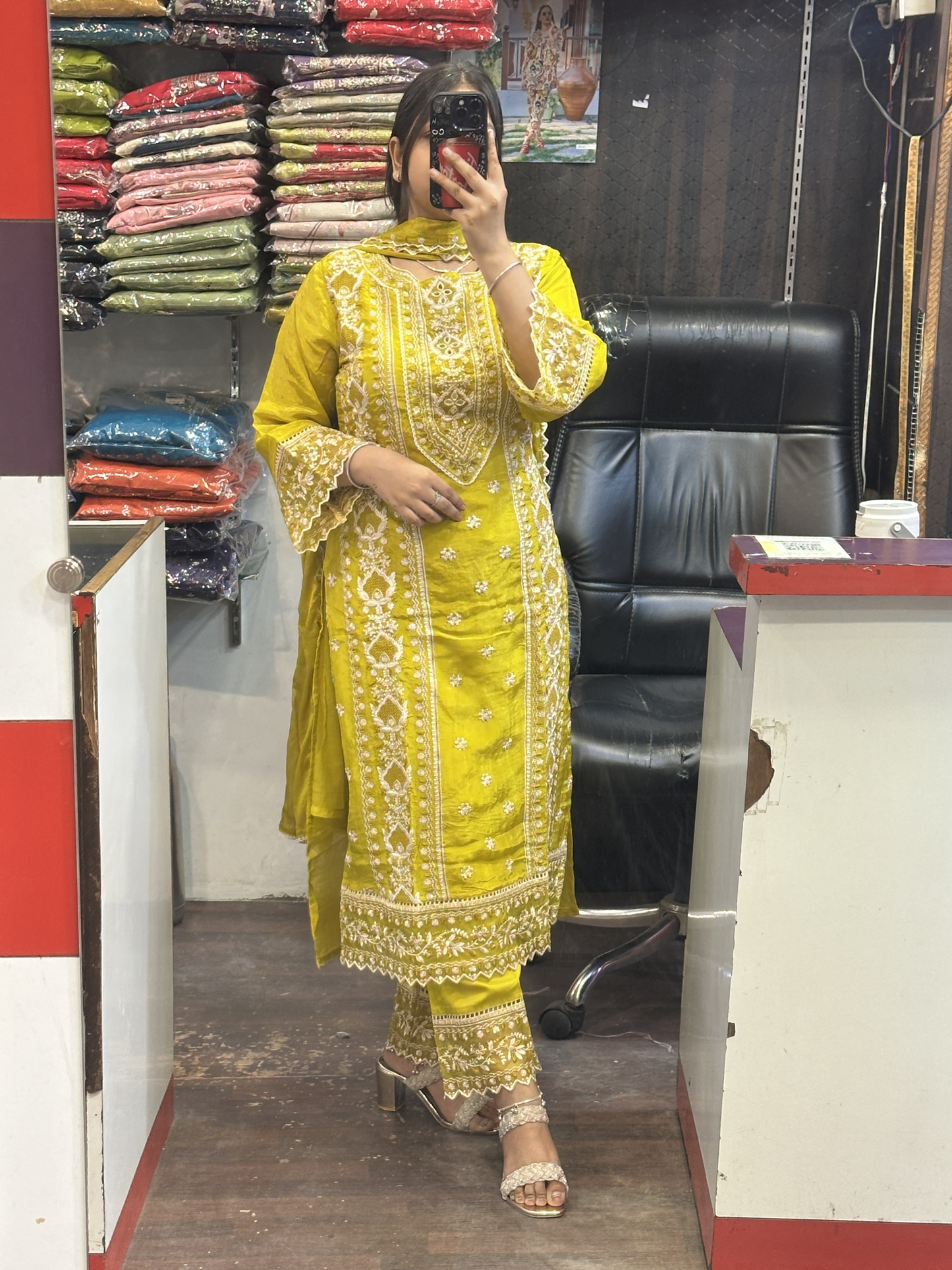 Mustard Premium Pure Chinnon Embroidered Pakistani Suit with Designer Sleeves and Embroidered Plazo Along Side Full Pure Chinnon Embroidered Dupatta