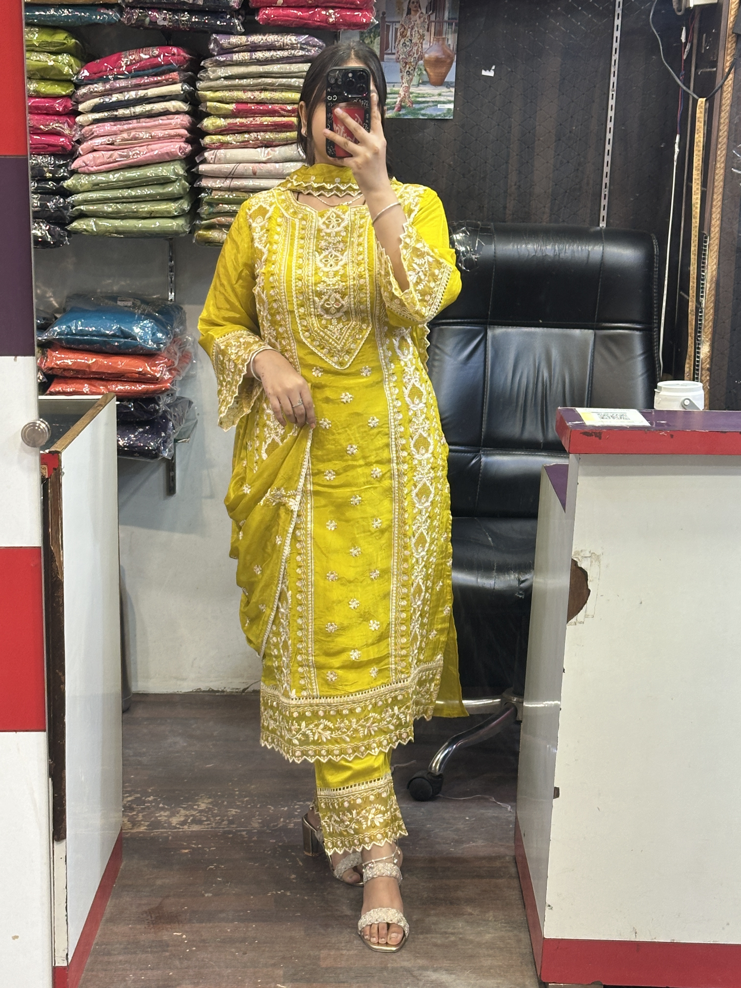 Mustard Premium Pure Chinnon Embroidered Pakistani Suit with Designer Sleeves and Embroidered Plazo Along Side Full Pure Chinnon Embroidered Dupatta