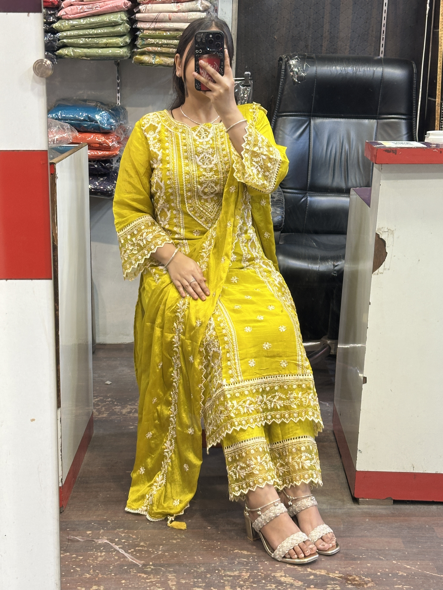 Mustard Premium Pure Chinnon Embroidered Pakistani Suit with Designer Sleeves and Embroidered Plazo Along Side Full Pure Chinnon Embroidered Dupatta