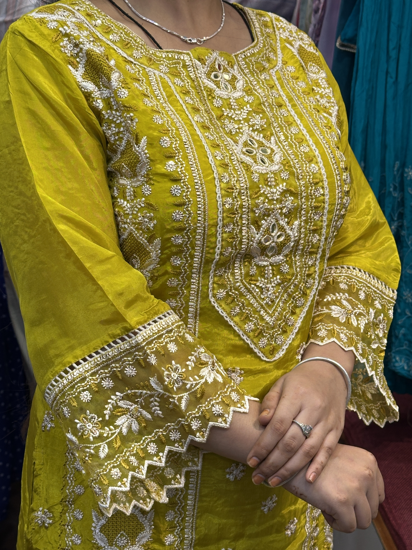 Mustard Premium Pure Chinnon Embroidered Pakistani Suit with Designer Sleeves and Embroidered Plazo Along Side Full Pure Chinnon Embroidered Dupatta