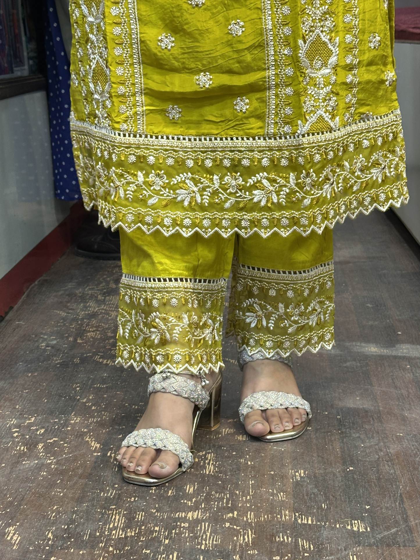 Mustard Premium Pure Chinnon Embroidered Pakistani Suit with Designer Sleeves and Embroidered Plazo Along Side Full Pure Chinnon Embroidered Dupatta