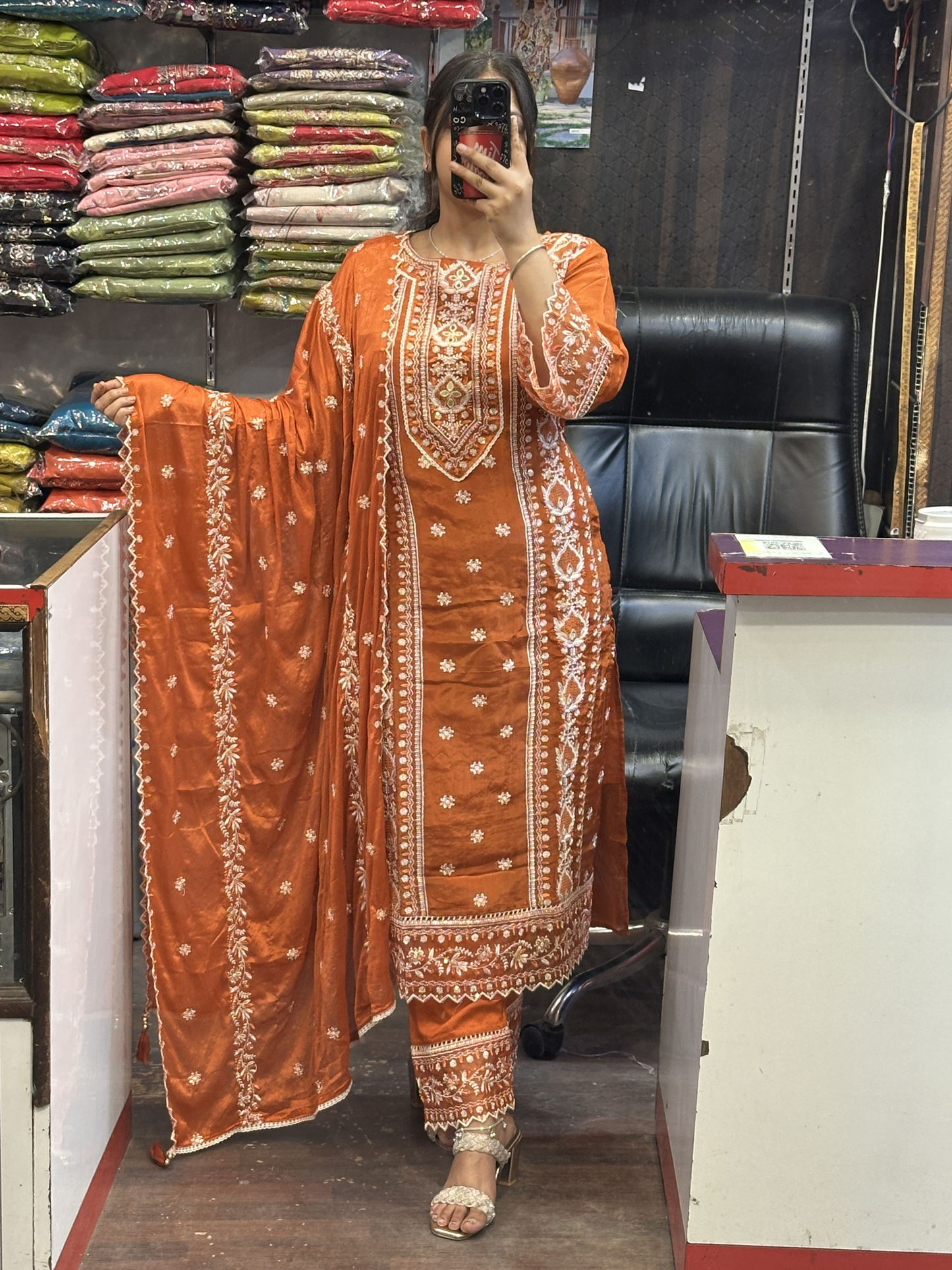 Rust Premium Pure Chinnon Embroidered Pakistani Suit with Designer Sleeves and Embroidered Plazo Along Side Full Pure Chinnon Embroidered Dupatta