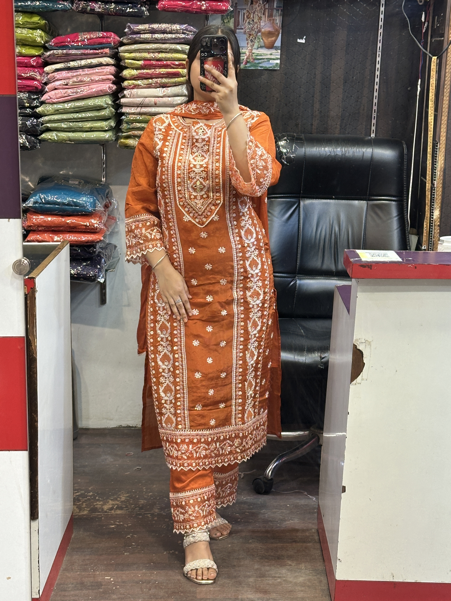 Rust Premium Pure Chinnon Embroidered Pakistani Suit with Designer Sleeves and Embroidered Plazo Along Side Full Pure Chinnon Embroidered Dupatta
