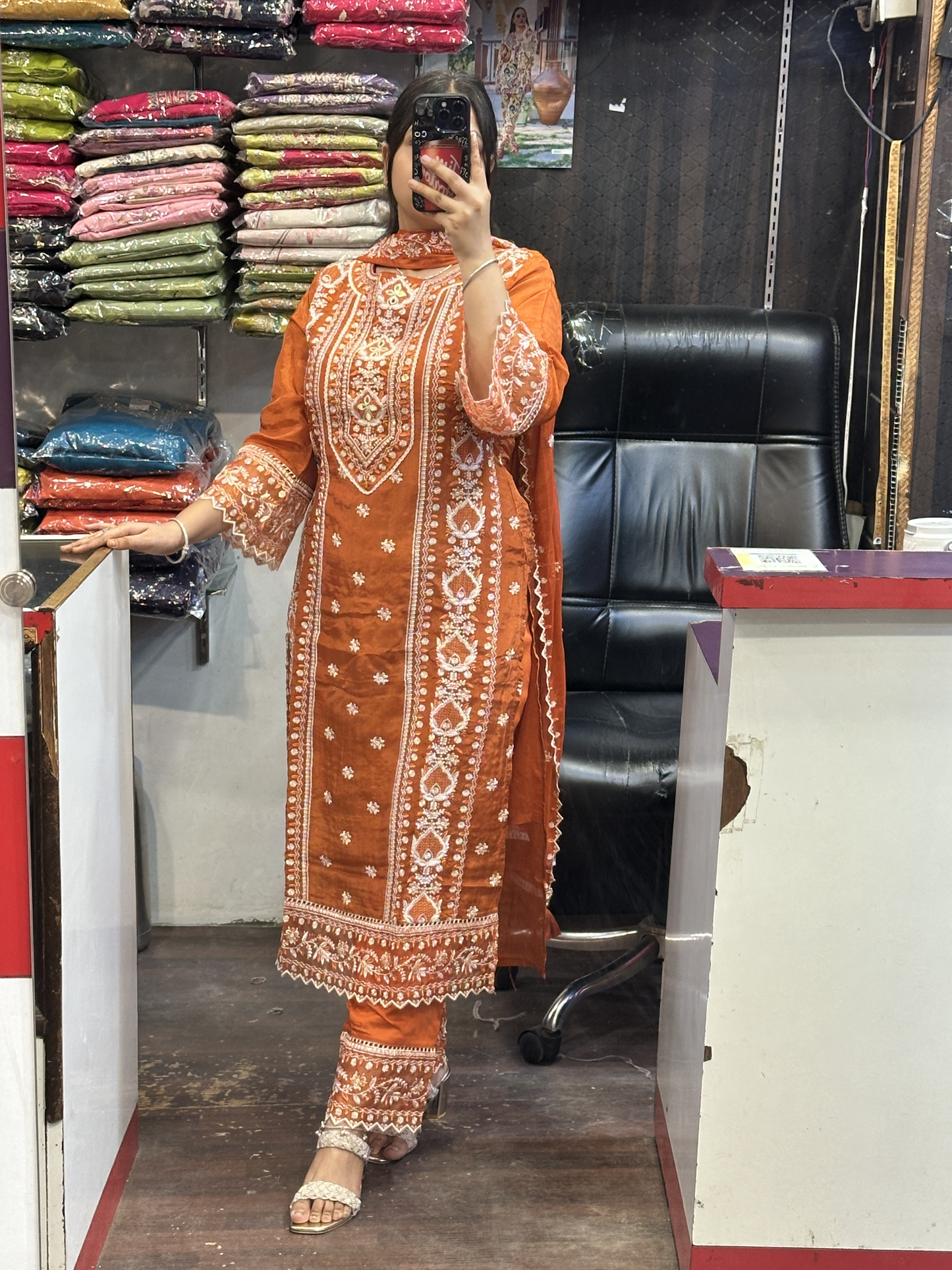 Rust Premium Pure Chinnon Embroidered Pakistani Suit with Designer Sleeves and Embroidered Plazo Along Side Full Pure Chinnon Embroidered Dupatta