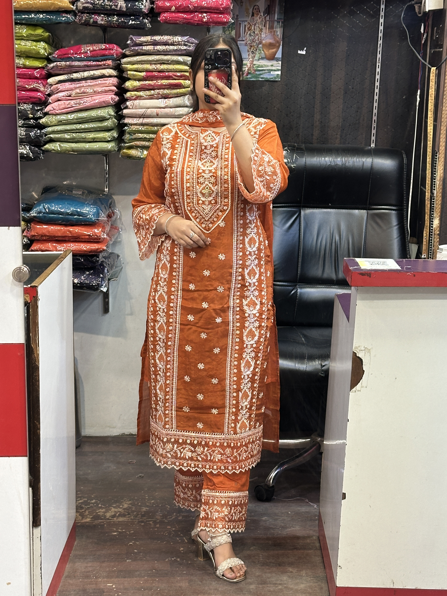Rust Premium Pure Chinnon Embroidered Pakistani Suit with Designer Sleeves and Embroidered Plazo Along Side Full Pure Chinnon Embroidered Dupatta