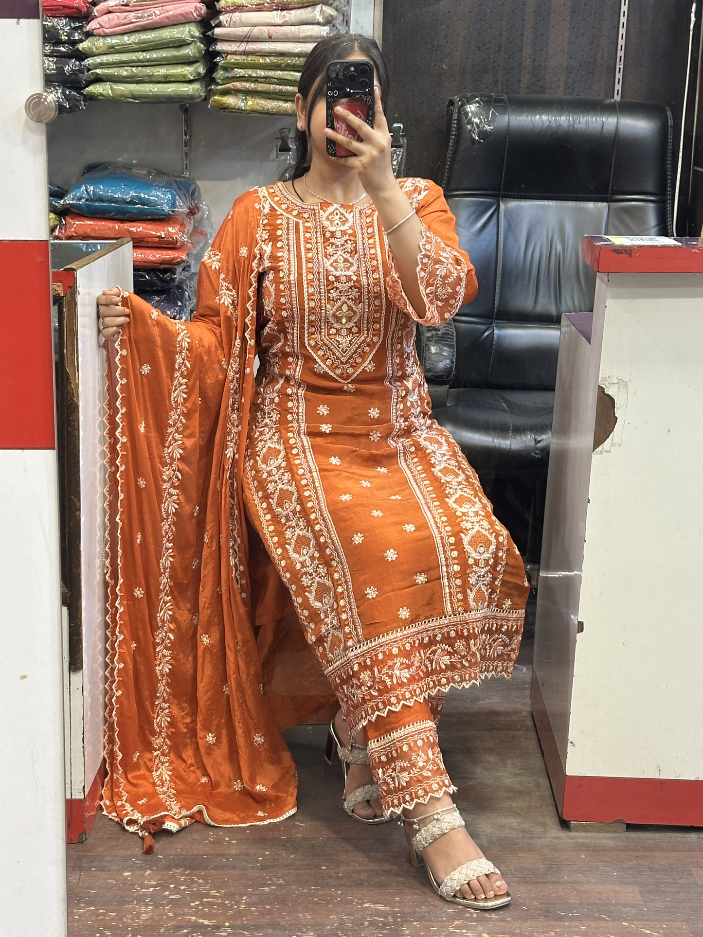 Rust Premium Pure Chinnon Embroidered Pakistani Suit with Designer Sleeves and Embroidered Plazo Along Side Full Pure Chinnon Embroidered Dupatta
