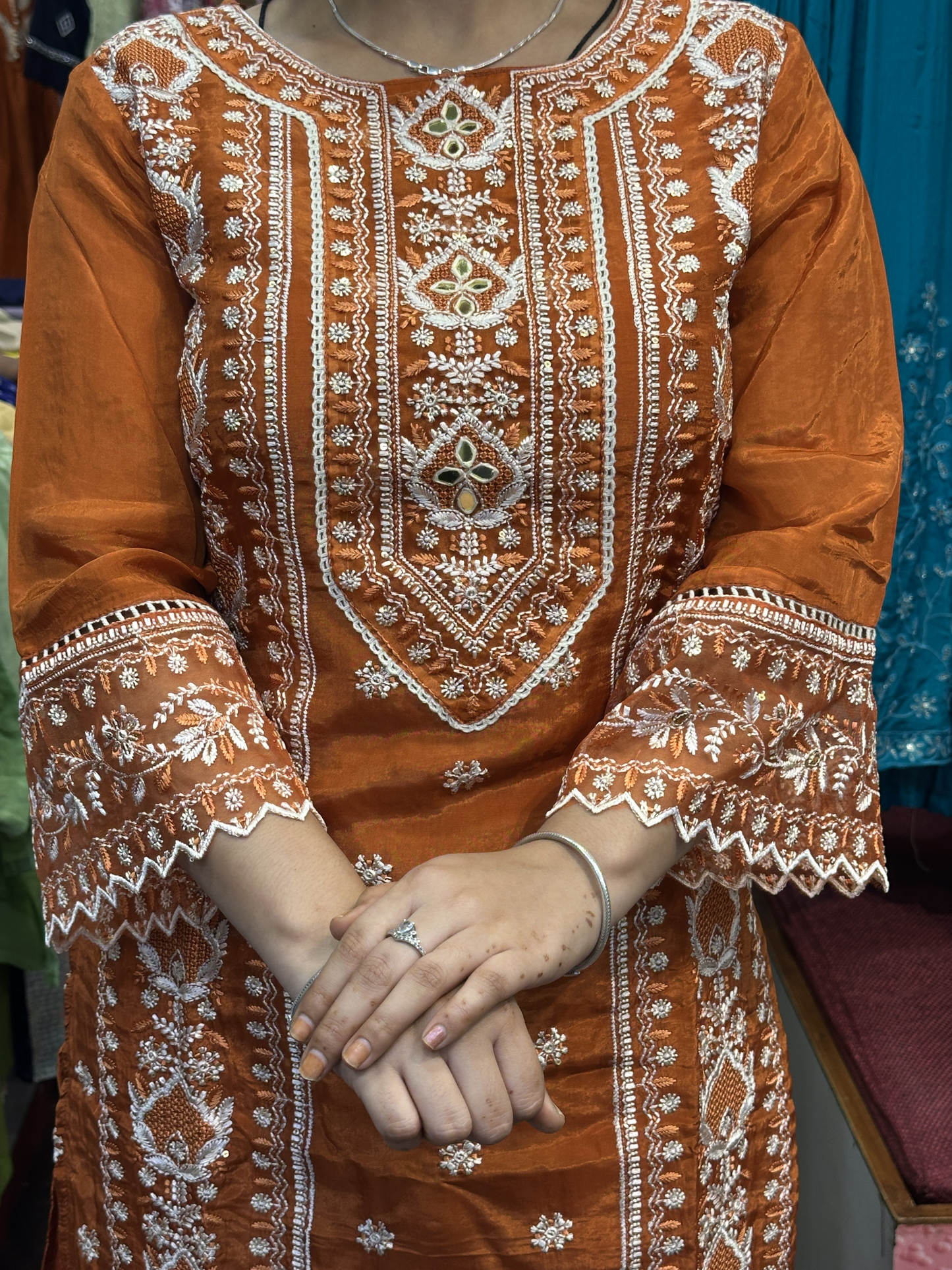 Rust Premium Pure Chinnon Embroidered Pakistani Suit with Designer Sleeves and Embroidered Plazo Along Side Full Pure Chinnon Embroidered Dupatta