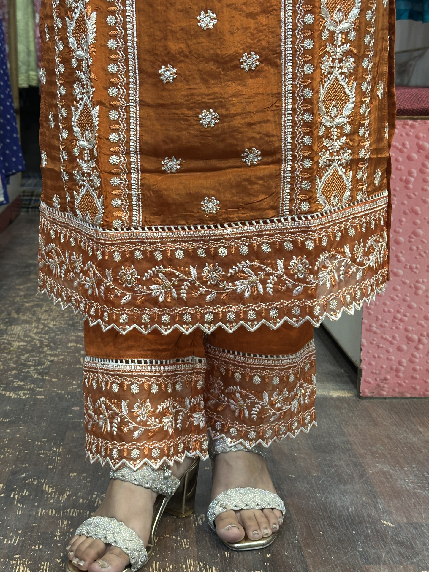 Rust Premium Pure Chinnon Embroidered Pakistani Suit with Designer Sleeves and Embroidered Plazo Along Side Full Pure Chinnon Embroidered Dupatta