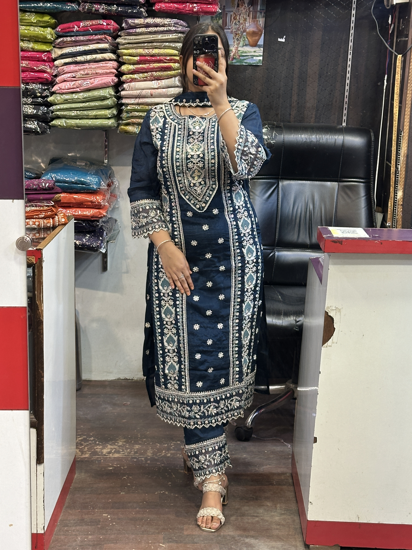 Peacock Blue Premium Pure Chinnon Embroidered Pakistani Suit with Designer Sleeves and Embroidered Plazo Along Side Full Pure Chinnon Embroidered Dupatta