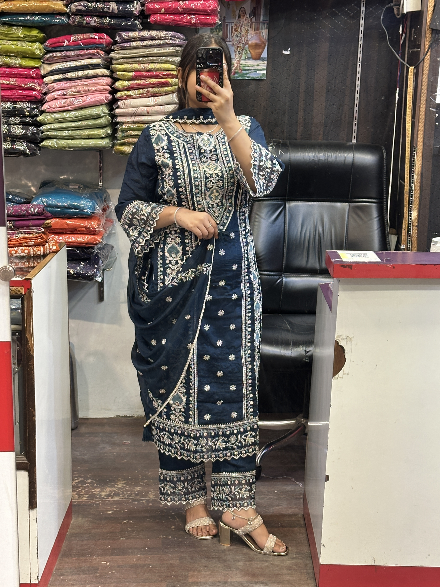 Peacock Blue Premium Pure Chinnon Embroidered Pakistani Suit with Designer Sleeves and Embroidered Plazo Along Side Full Pure Chinnon Embroidered Dupatta