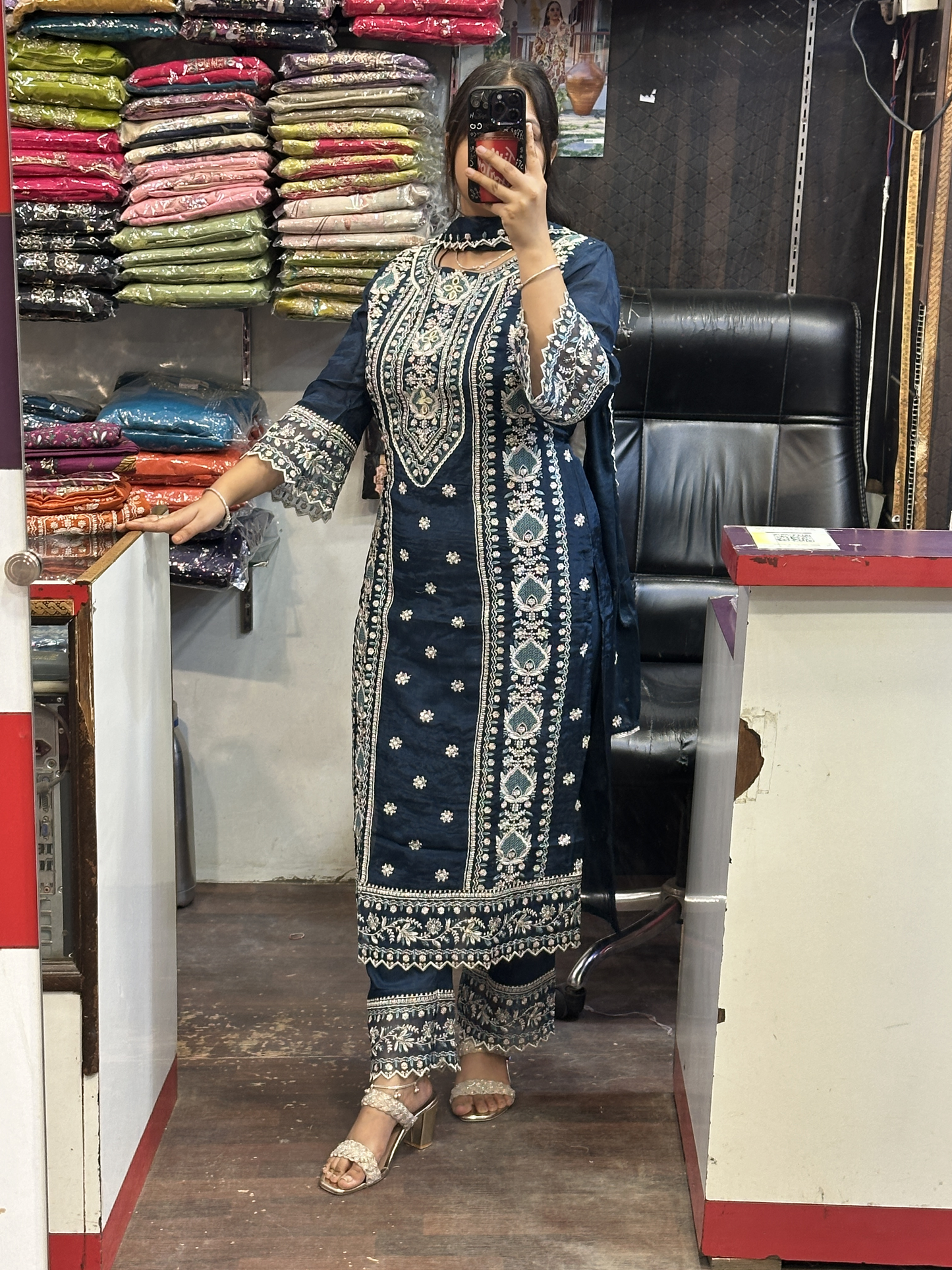 Peacock Blue Premium Pure Chinnon Embroidered Pakistani Suit with Designer Sleeves and Embroidered Plazo Along Side Full Pure Chinnon Embroidered Dupatta