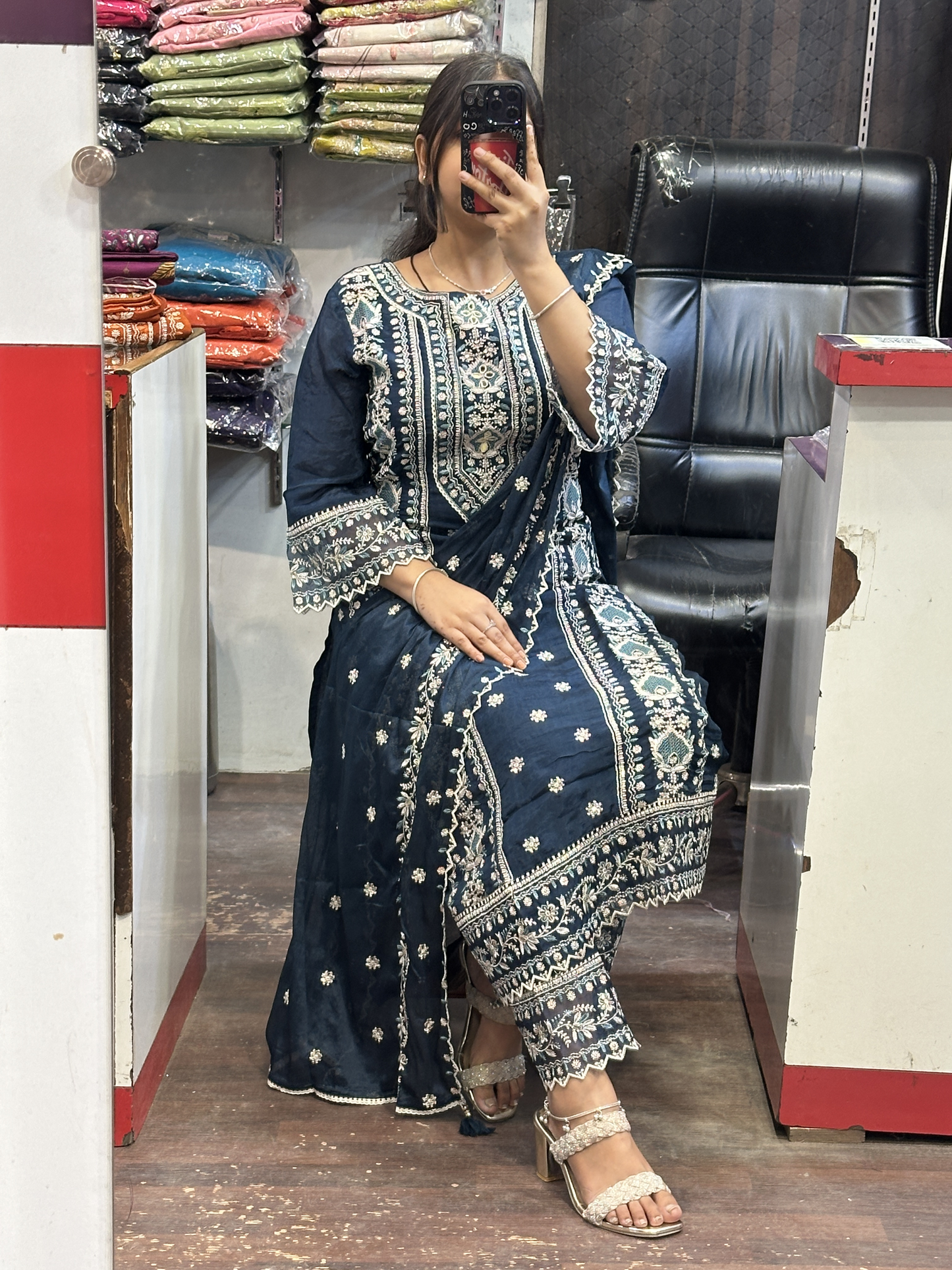 Peacock Blue Premium Pure Chinnon Embroidered Pakistani Suit with Designer Sleeves and Embroidered Plazo Along Side Full Pure Chinnon Embroidered Dupatta