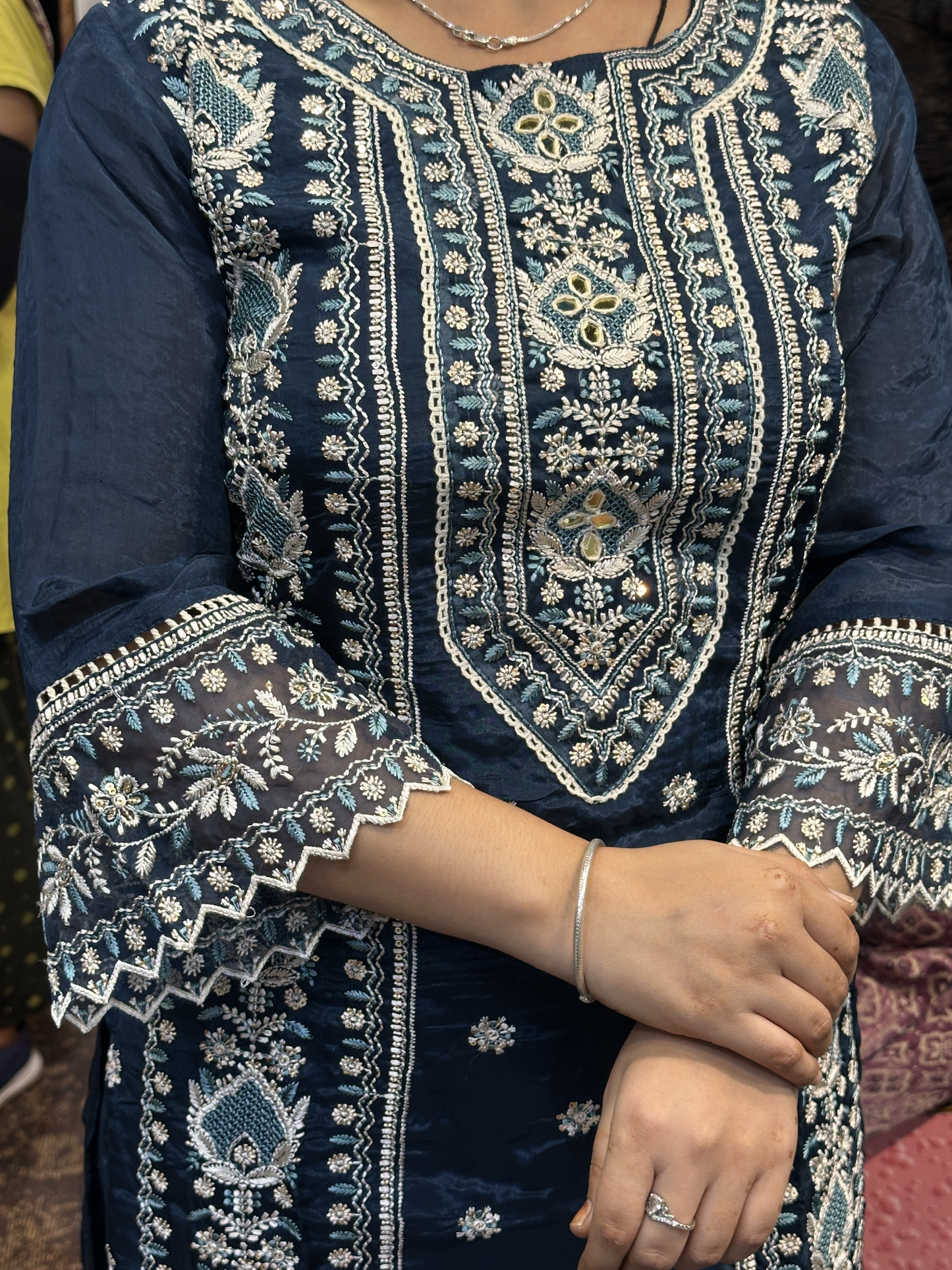 Peacock Blue Premium Pure Chinnon Embroidered Pakistani Suit with Designer Sleeves and Embroidered Plazo Along Side Full Pure Chinnon Embroidered Dupatta