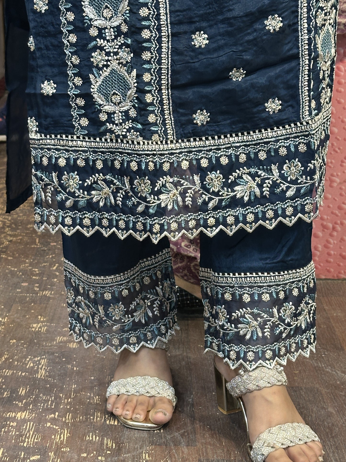 Peacock Blue Premium Pure Chinnon Embroidered Pakistani Suit with Designer Sleeves and Embroidered Plazo Along Side Full Pure Chinnon Embroidered Dupatta