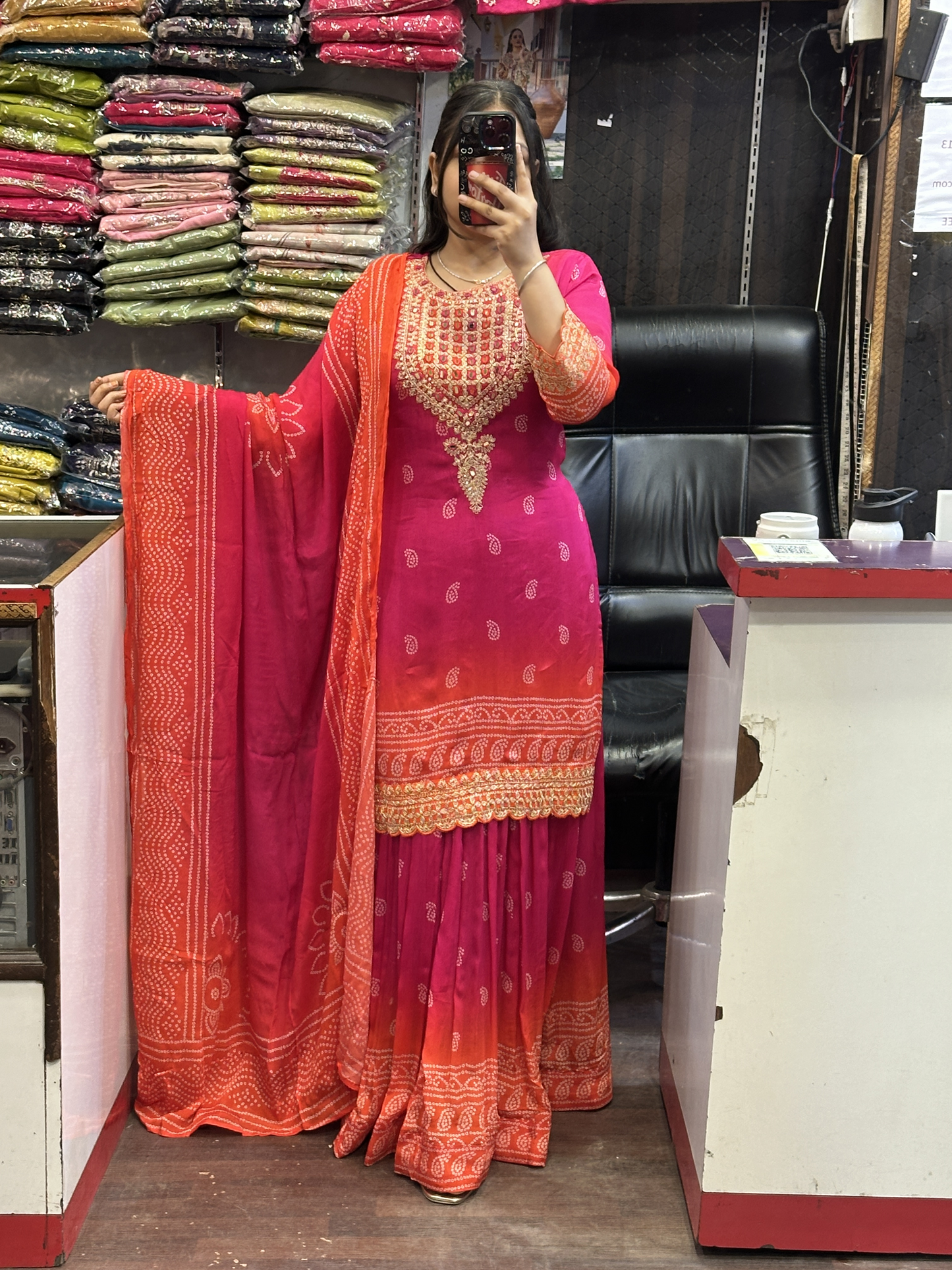 Pure Chinnon Kurti with Beautiful Neck Work with Full Flair Skirt and Full Chinnon Dupatta