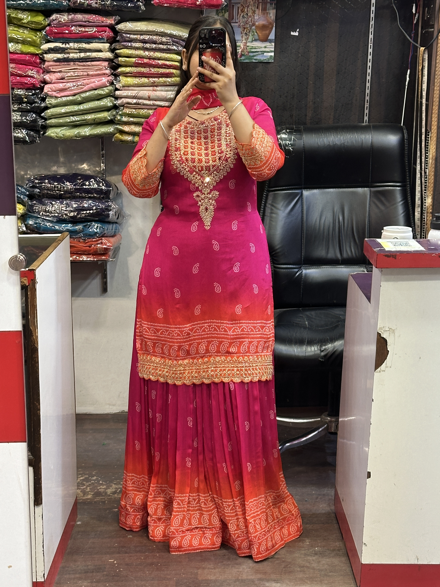 Pure Chinnon Kurti with Beautiful Neck Work with Full Flair Skirt and Full Chinnon Dupatta