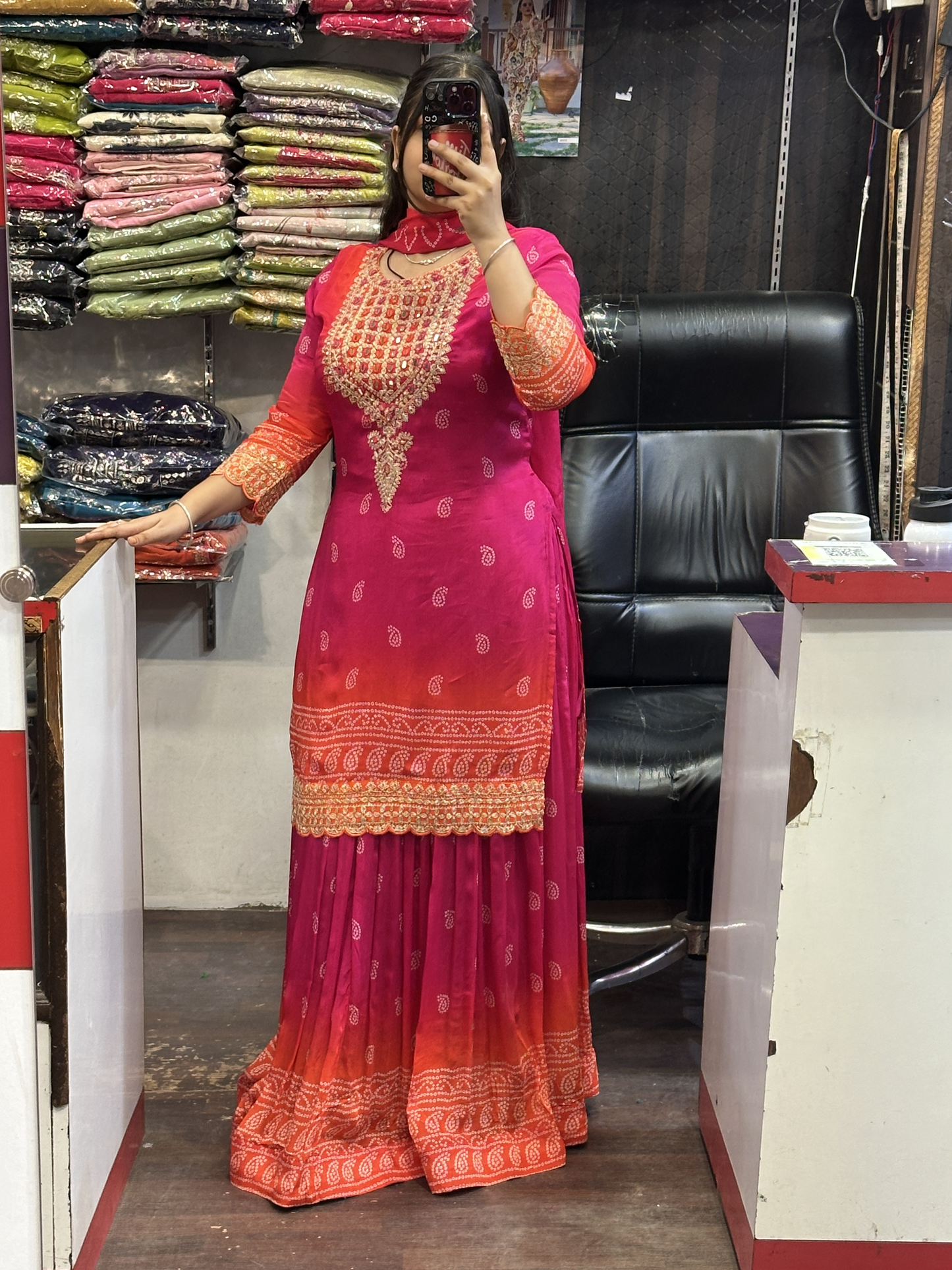 Pure Chinnon Kurti with Beautiful Neck Work with Full Flair Skirt and Full Chinnon Dupatta