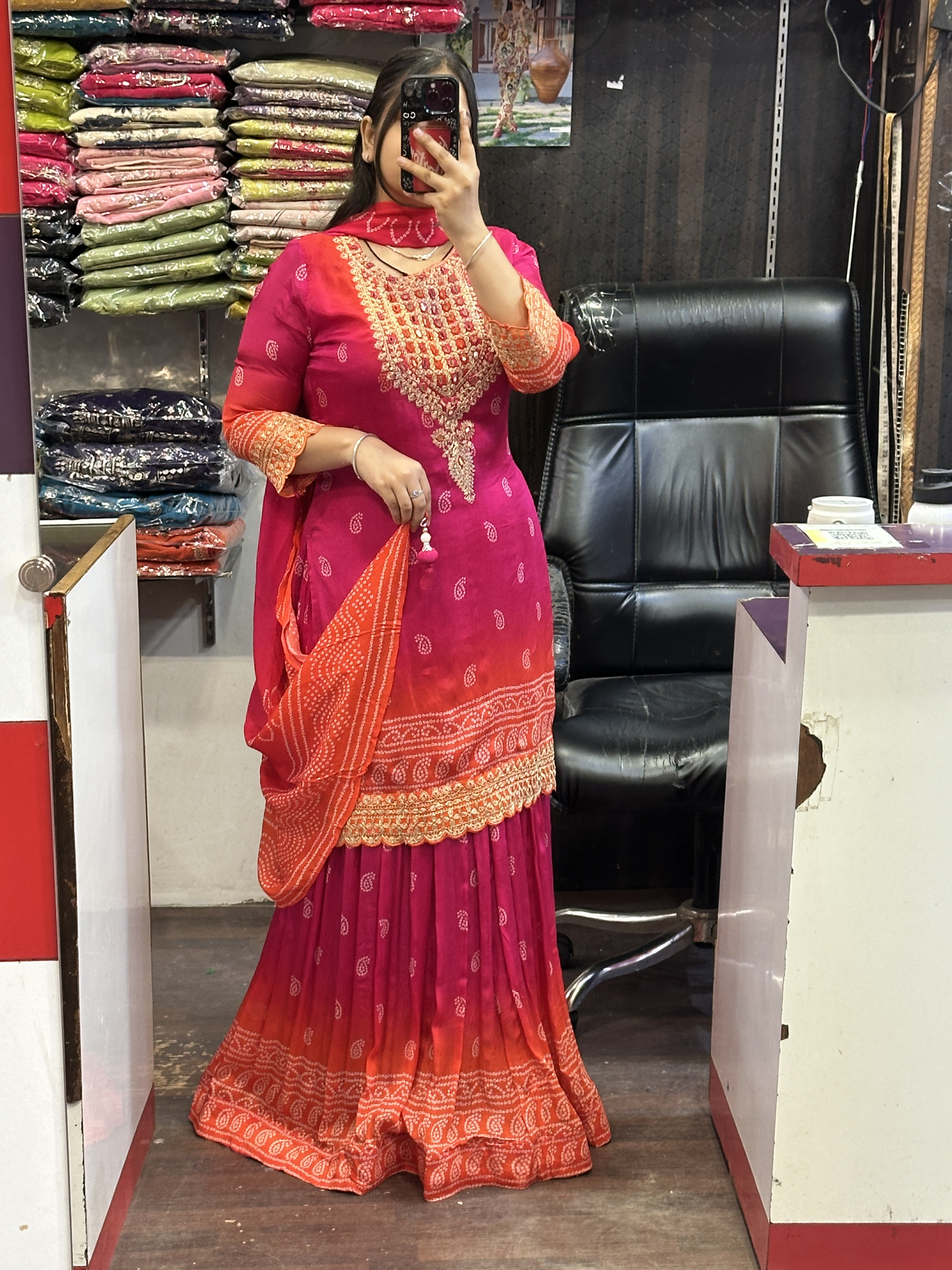Pure Chinnon Kurti with Beautiful Neck Work with Full Flair Skirt and Full Chinnon Dupatta