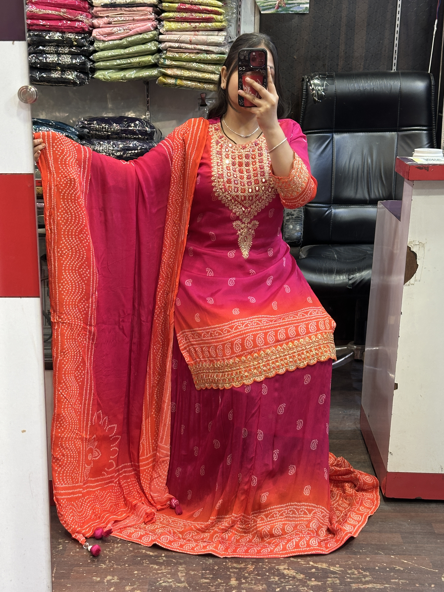 Pure Chinnon Kurti with Beautiful Neck Work with Full Flair Skirt and Full Chinnon Dupatta