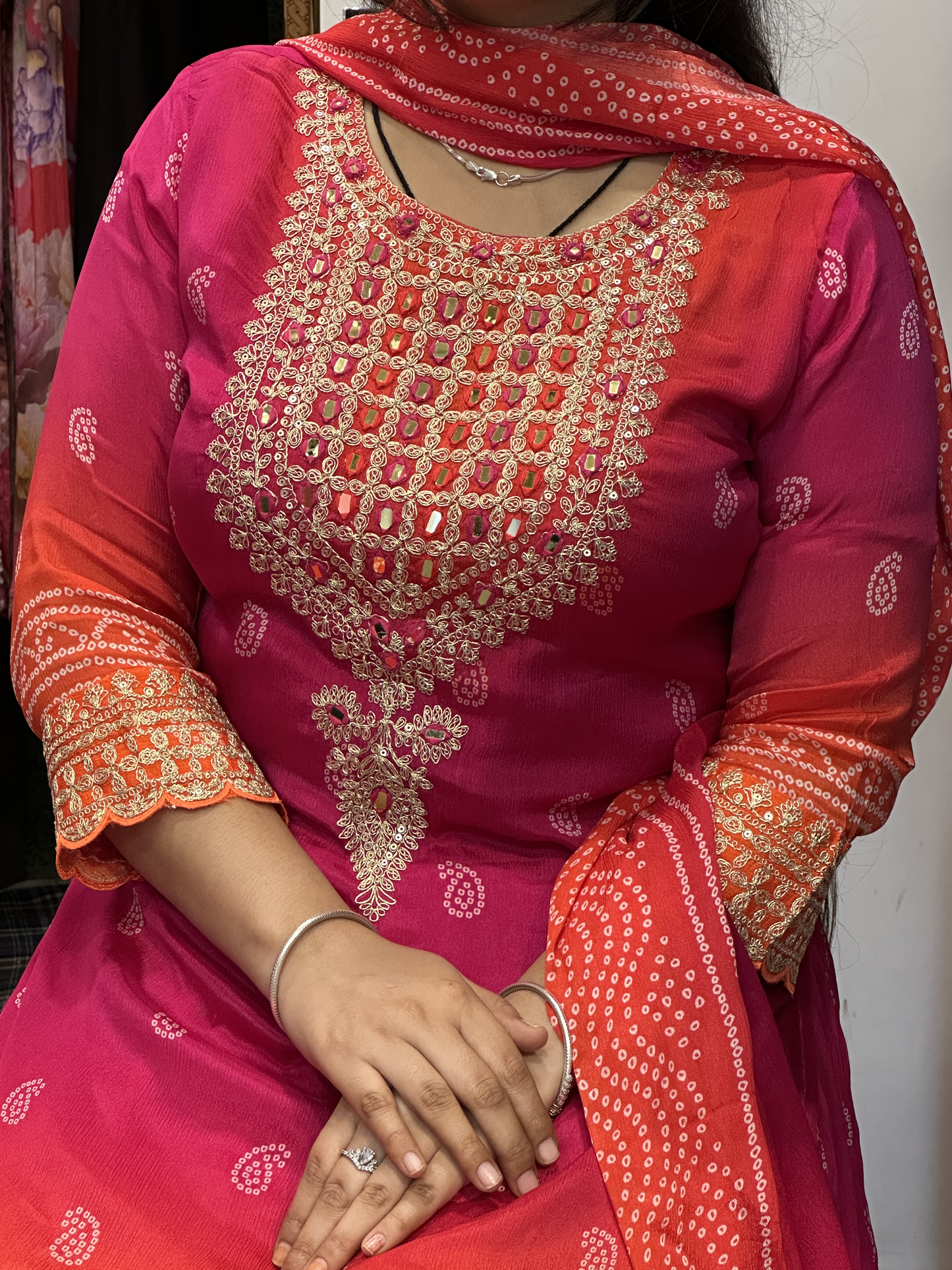 Pure Chinnon Kurti with Beautiful Neck Work with Full Flair Skirt and Full Chinnon Dupatta