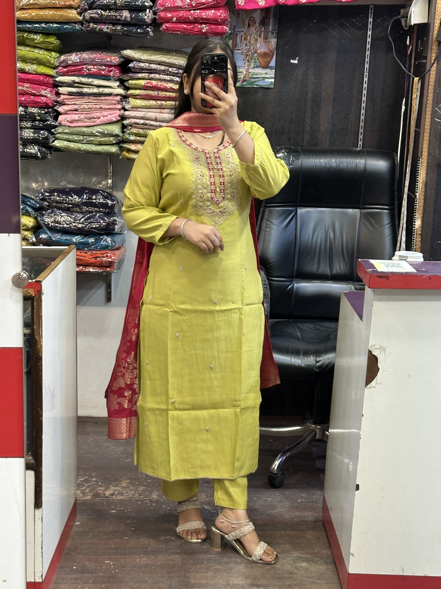 Silk Slub Suit with Machine Work in Neckline with Cotton Lining with Pant & Contrast Full Banarsi Dupatta