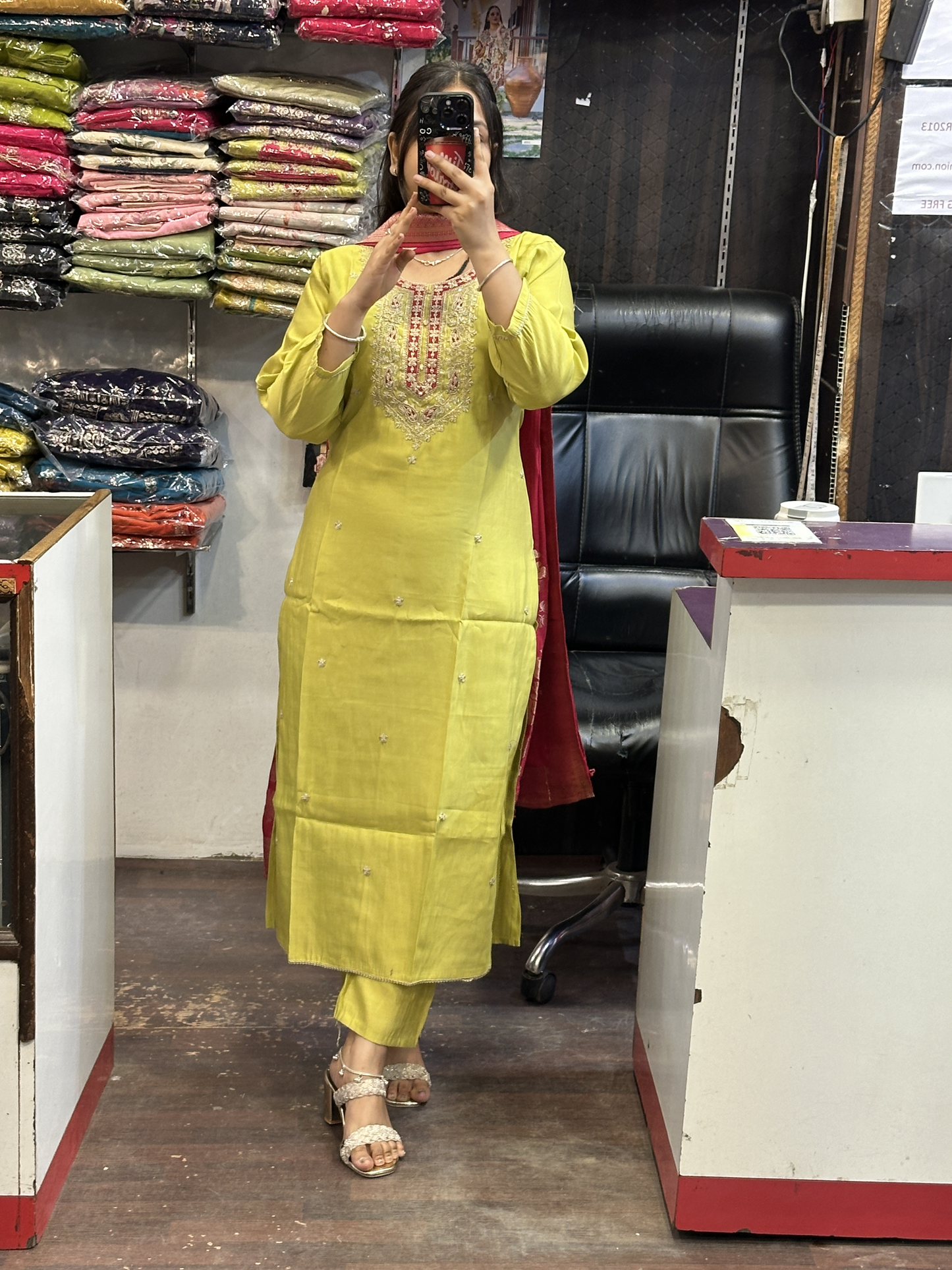 Silk Slub Suit with Machine Work in Neckline with Cotton Lining with Pant & Contrast Full Banarsi Dupatta
