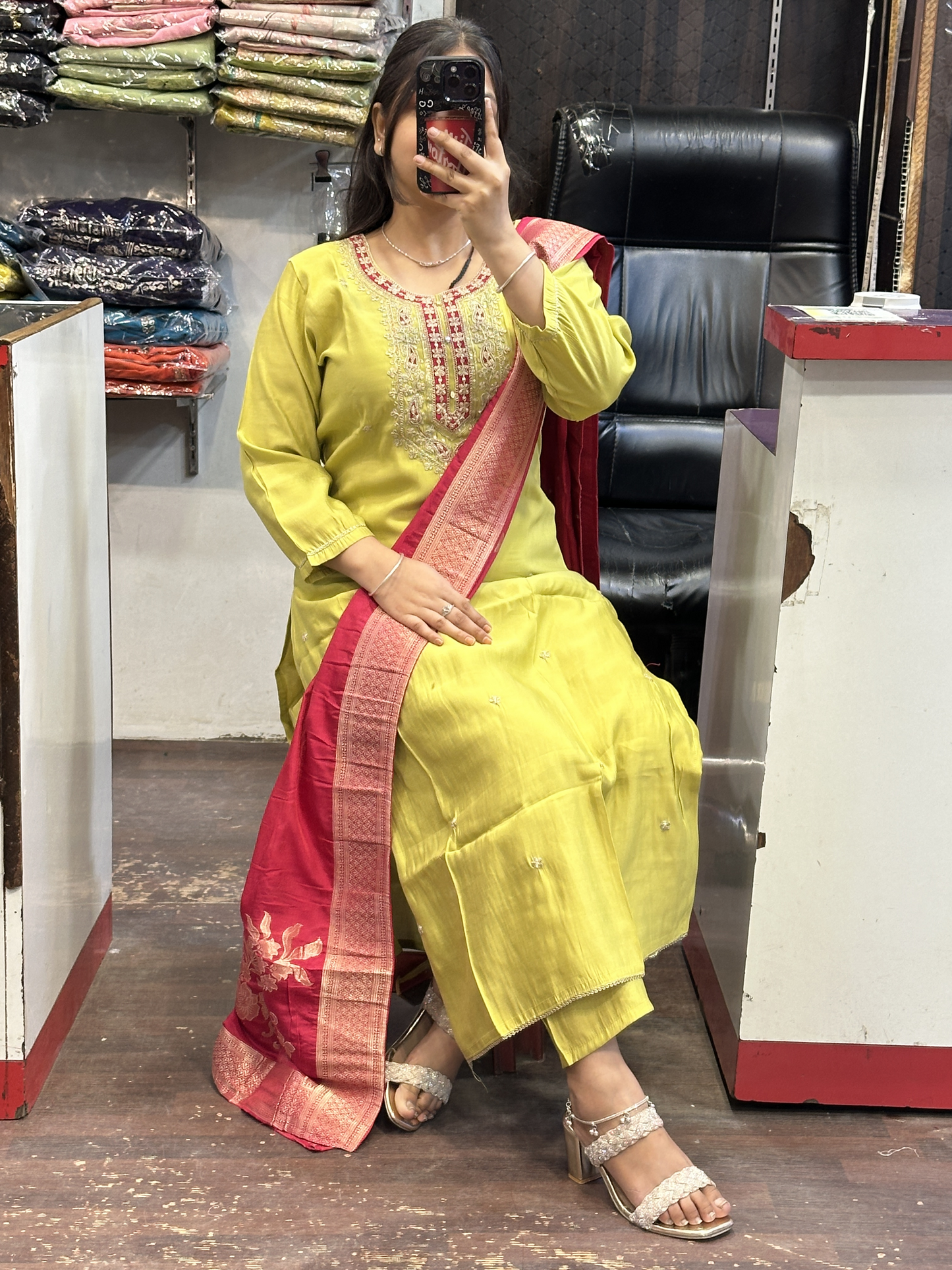 Silk Slub Suit with Machine Work in Neckline with Cotton Lining with Pant & Contrast Full Banarsi Dupatta