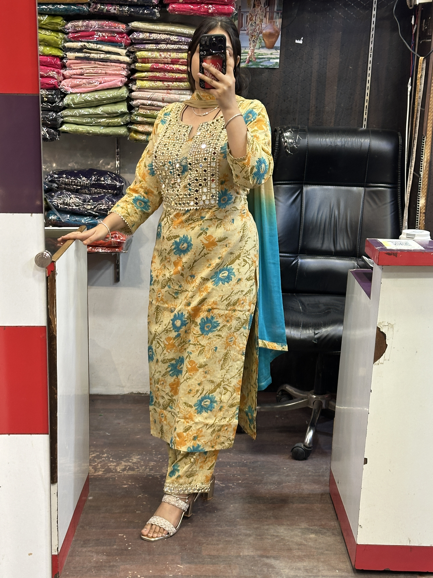Premium Cotton Printed Mirror Work Embroidered Suit with Mirror Work Pant and Full Double Shade Dupatta