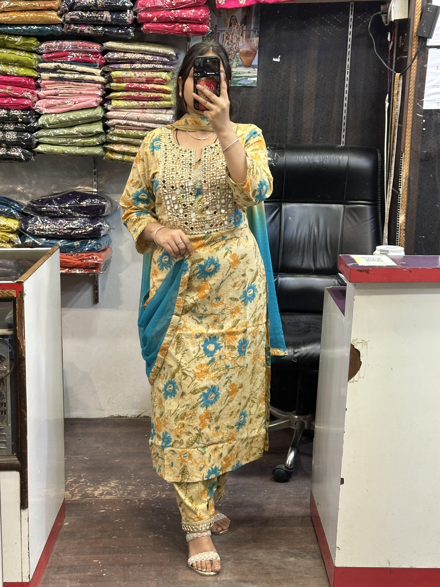 Premium Cotton Printed Mirror Work Embroidered Suit with Mirror Work Pant and Full Double Shade Dupatta