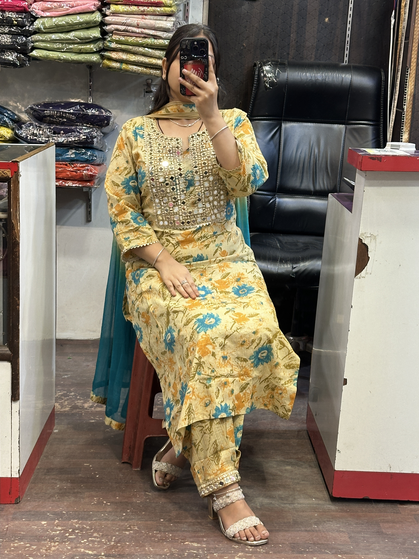 Premium Cotton Printed Mirror Work Embroidered Suit with Mirror Work Pant and Full Double Shade Dupatta