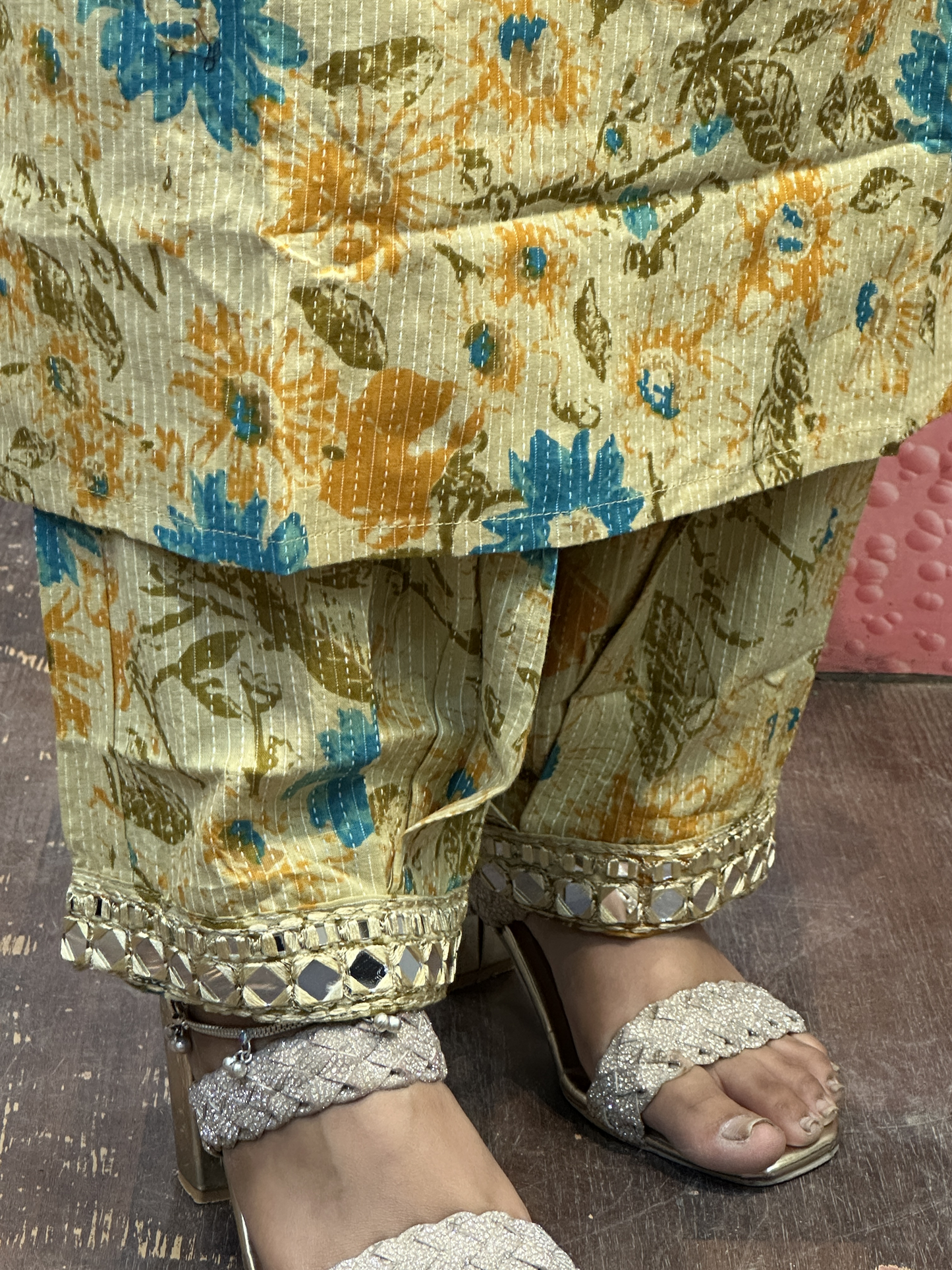 Premium Cotton Printed Mirror Work Embroidered Suit with Mirror Work Pant and Full Double Shade Dupatta