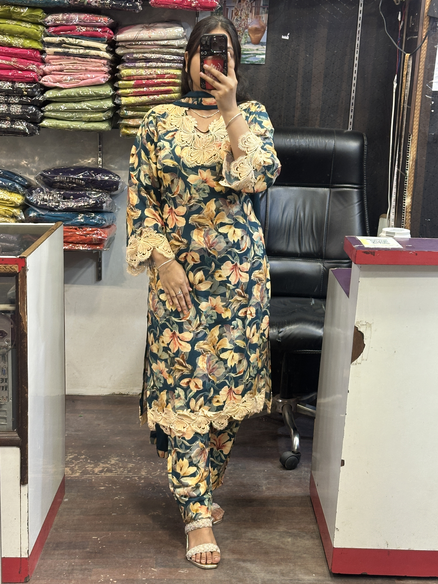 Premium Cotton Printed Lace Work Pakistani Suit with Pant and Full Dupatta