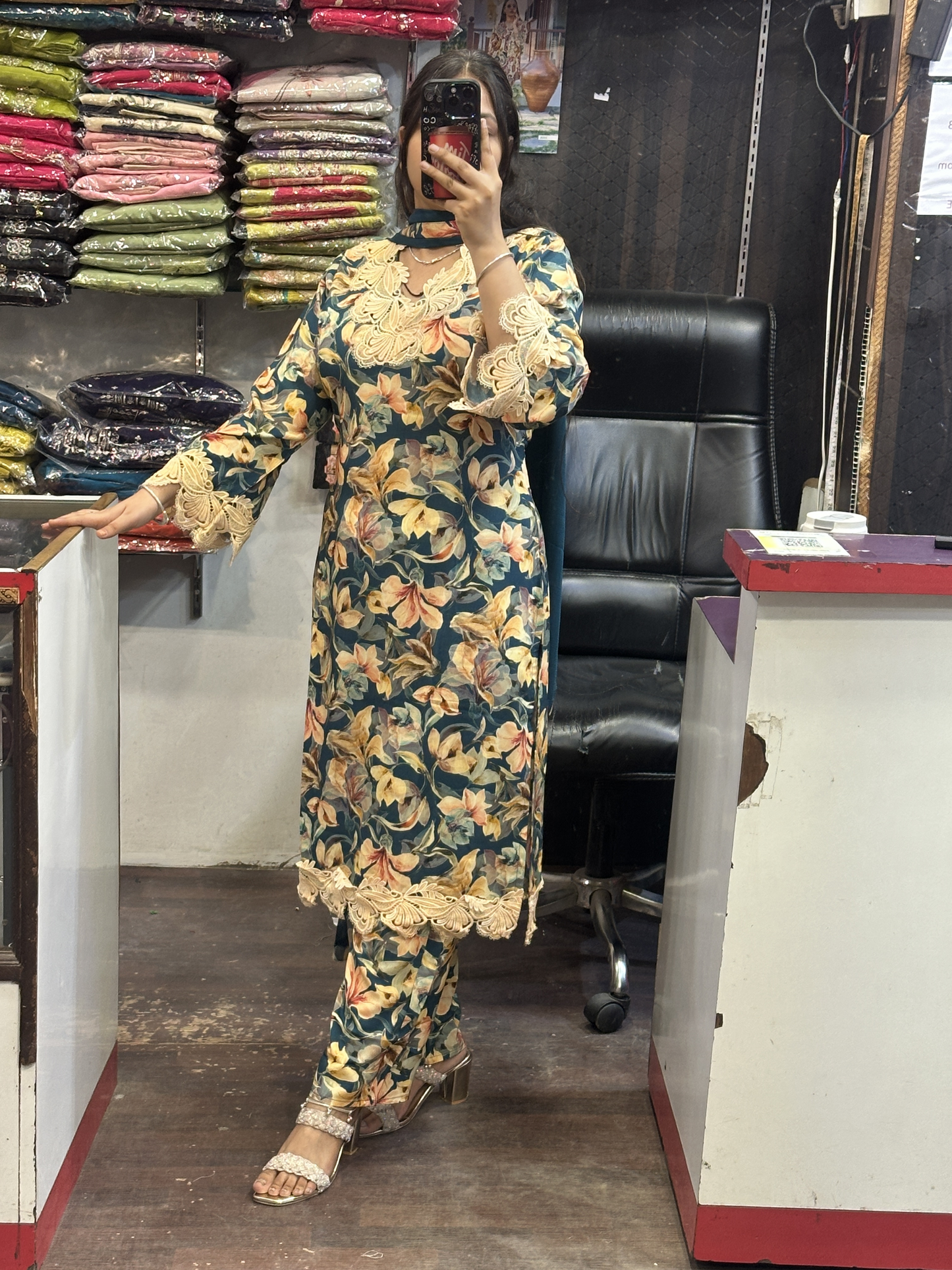 Premium Cotton Printed Lace Work Pakistani Suit with Pant and Full Dupatta