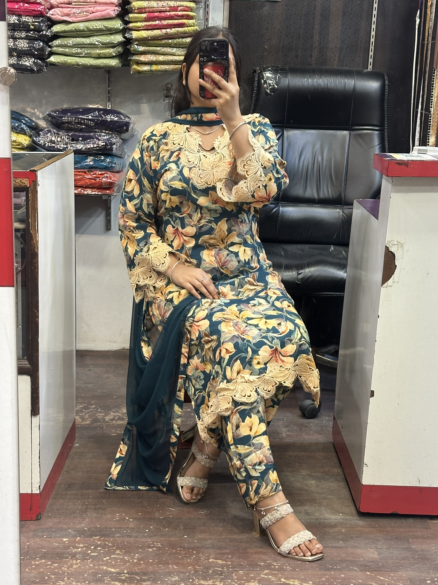 Premium Cotton Printed Lace Work Pakistani Suit with Pant and Full Dupatta