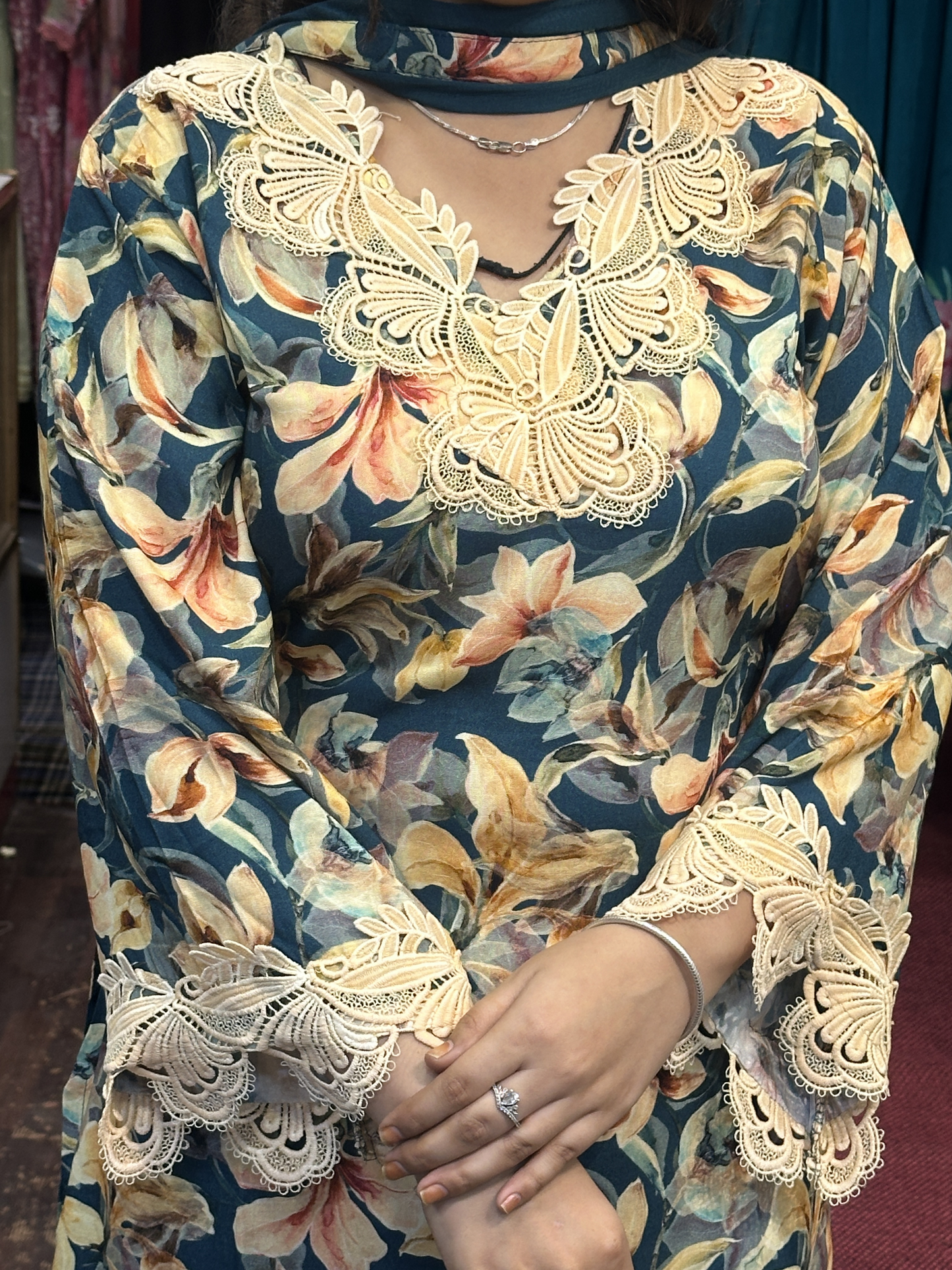 Premium Cotton Printed Lace Work Pakistani Suit with Pant and Full Dupatta
