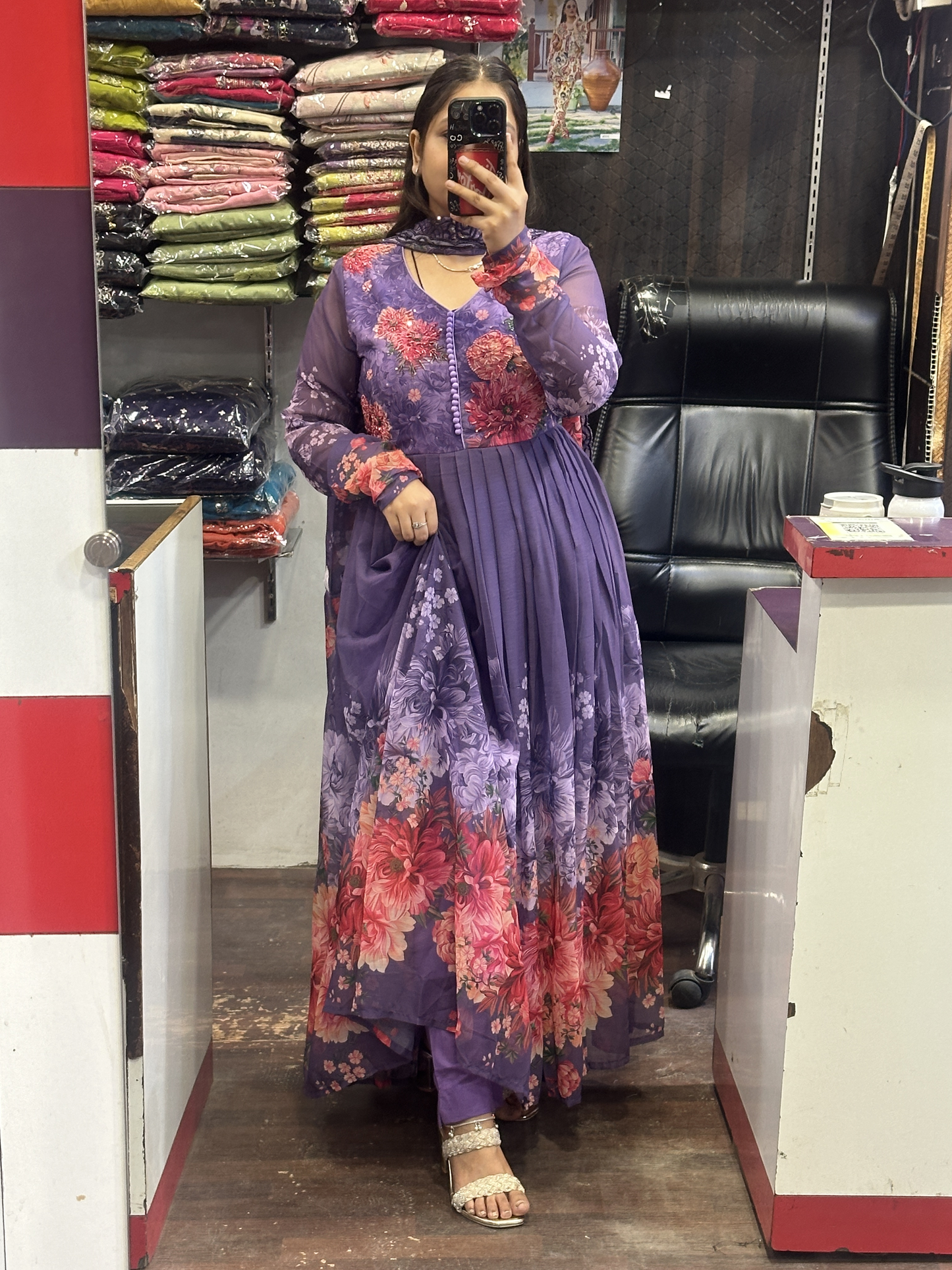 Dark Lavender Soft Chiffon Floral Print Full Flair Anarkali Suit with Hand Embroidery Work on Neck & Embroidered Organza Dupatta