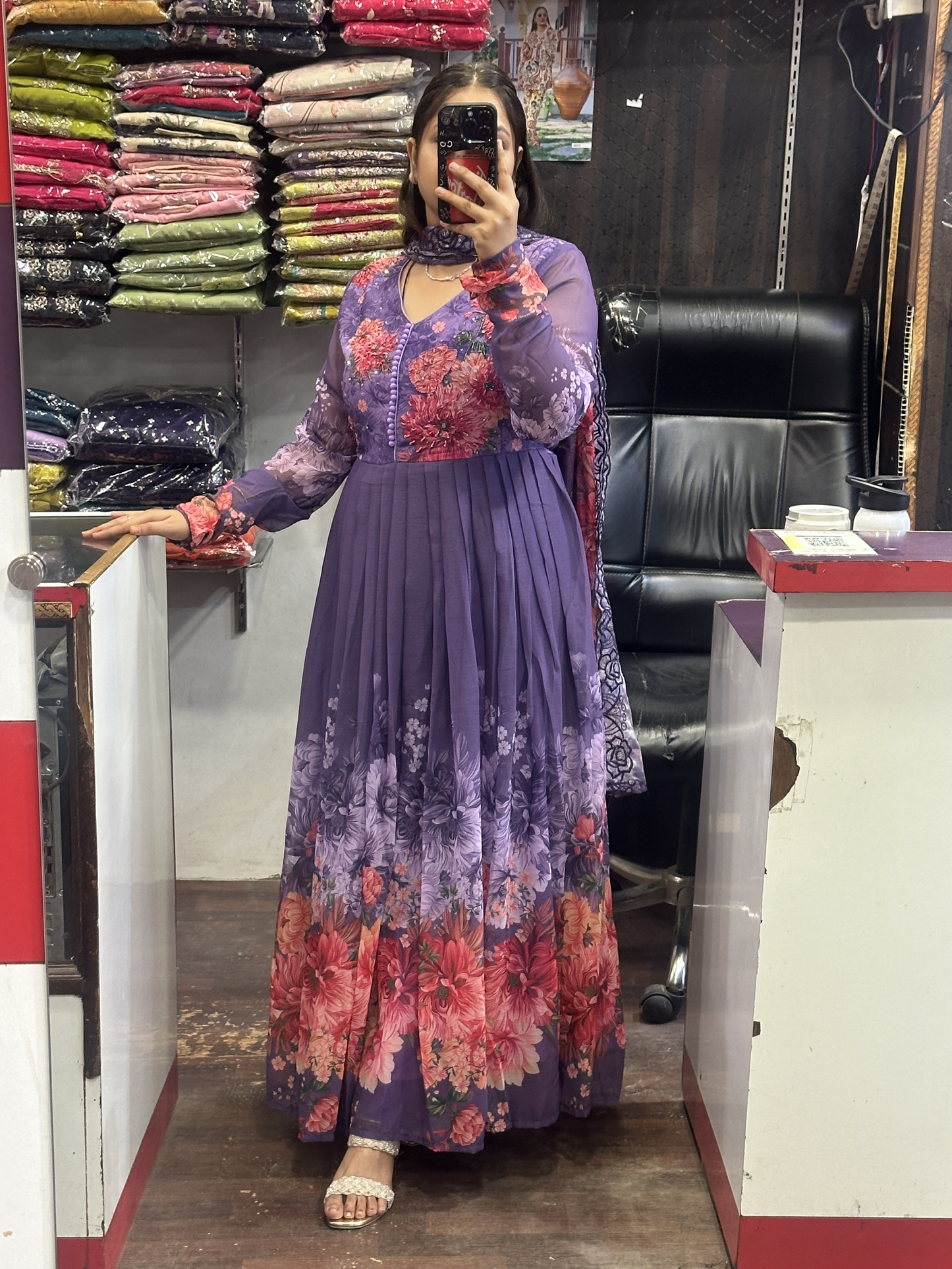 Dark Lavender Soft Chiffon Floral Print Full Flair Anarkali Suit with Hand Embroidery Work on Neck & Embroidered Organza Dupatta