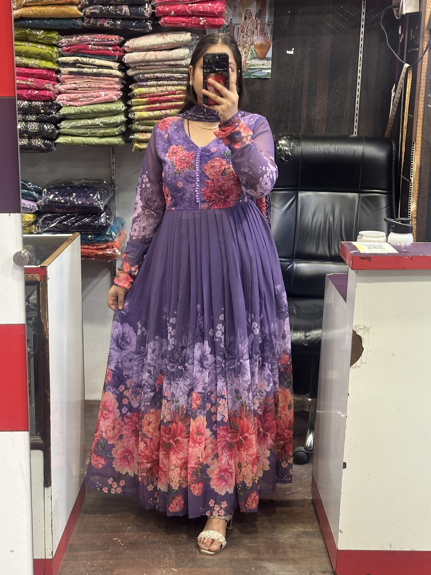 Dark Lavender Soft Chiffon Floral Print Full Flair Anarkali Suit with Hand Embroidery Work on Neck & Embroidered Organza Dupatta