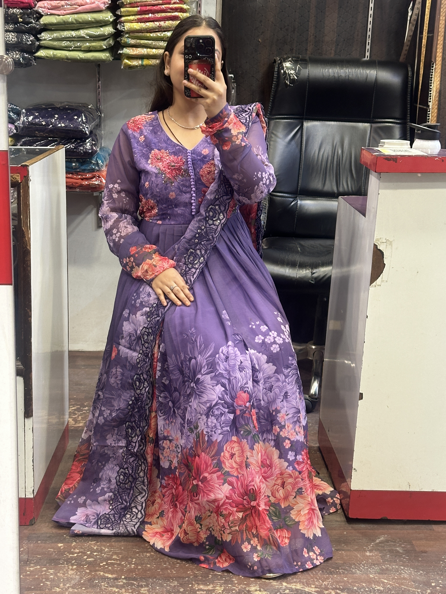Dark Lavender Soft Chiffon Floral Print Full Flair Anarkali Suit with Hand Embroidery Work on Neck & Embroidered Organza Dupatta