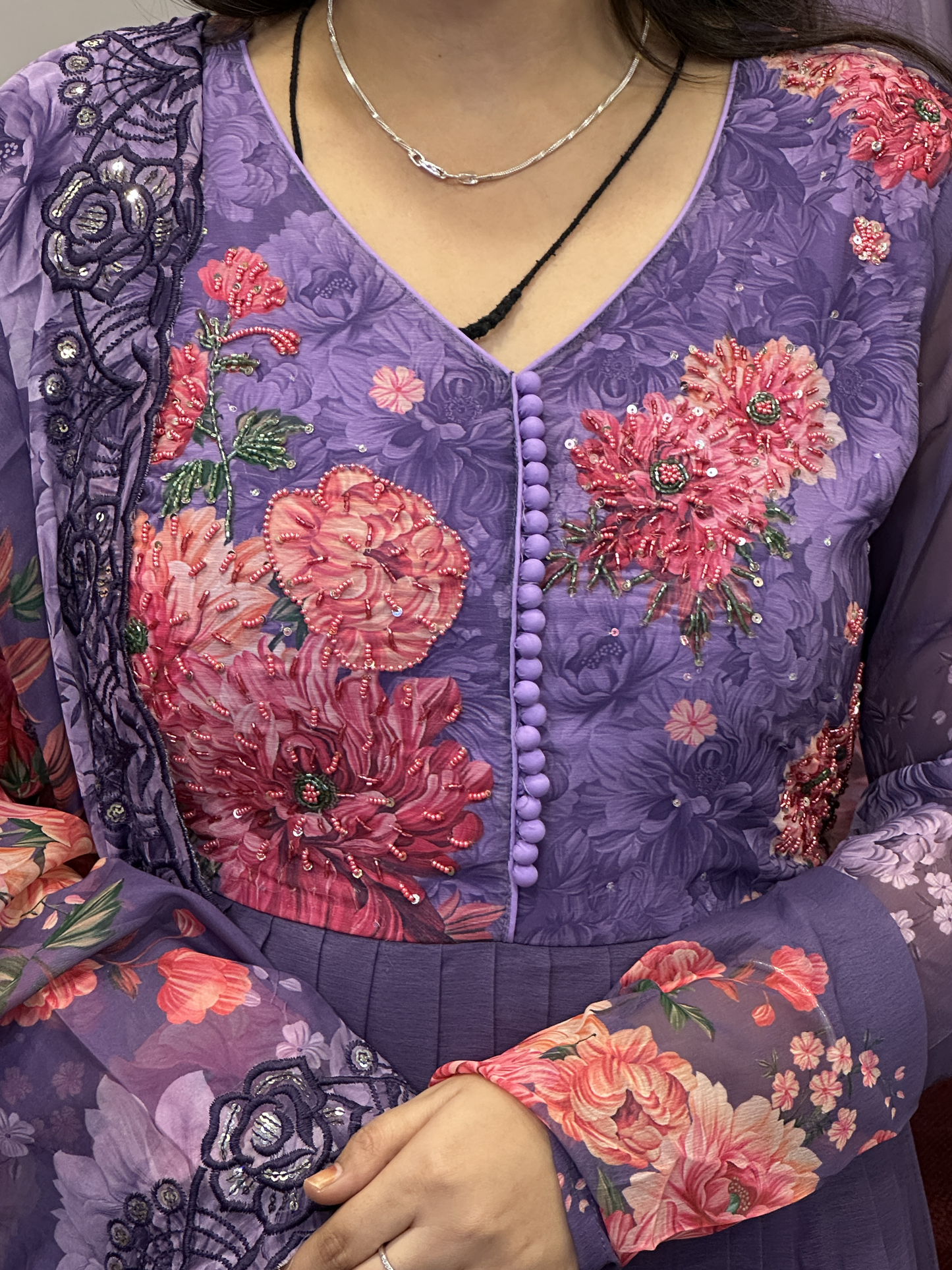 Dark Lavender Soft Chiffon Floral Print Full Flair Anarkali Suit with Hand Embroidery Work on Neck & Embroidered Organza Dupatta