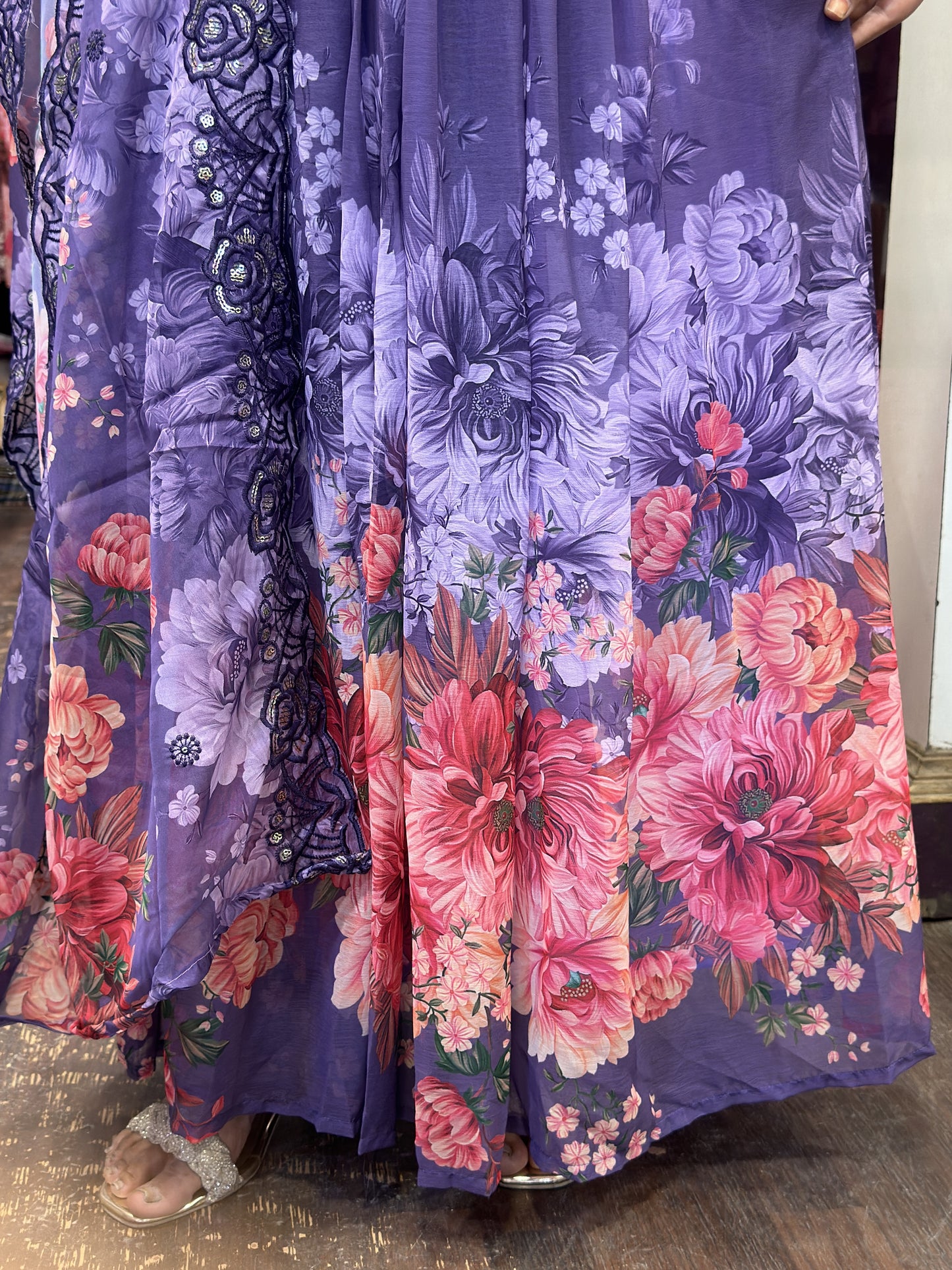 Dark Lavender Soft Chiffon Floral Print Full Flair Anarkali Suit with Hand Embroidery Work on Neck & Embroidered Organza Dupatta