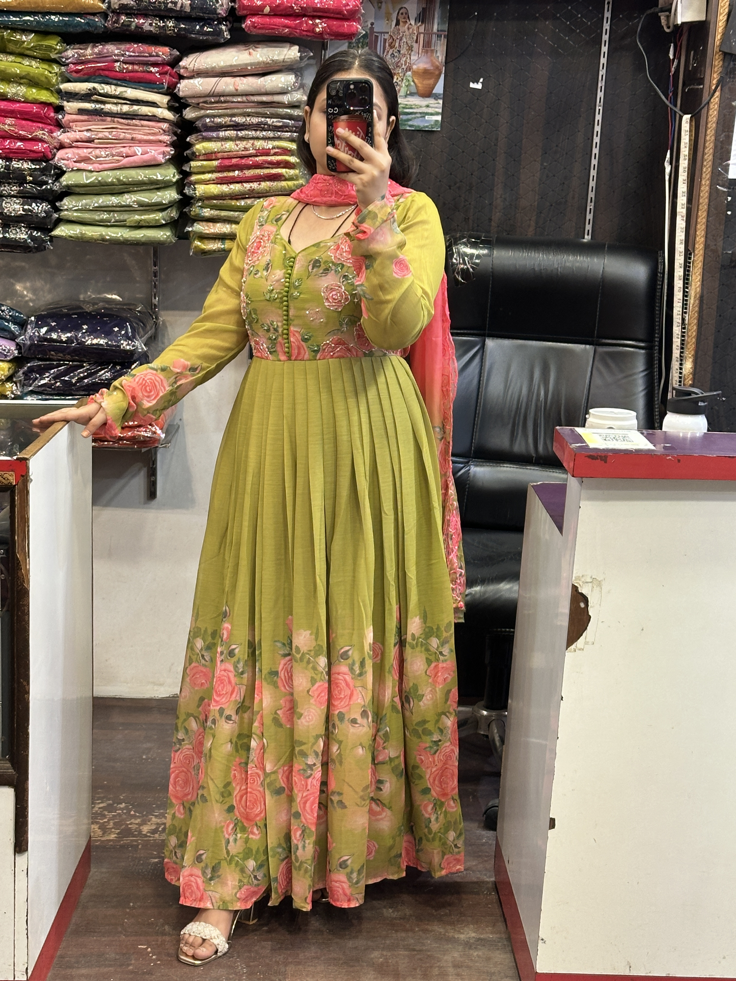 Green Soft Chiffon Floral Print Full Flair Anarkali Suit with Hand Embroidery Work on Neck & Contrast Embroidered Organza Dupatta