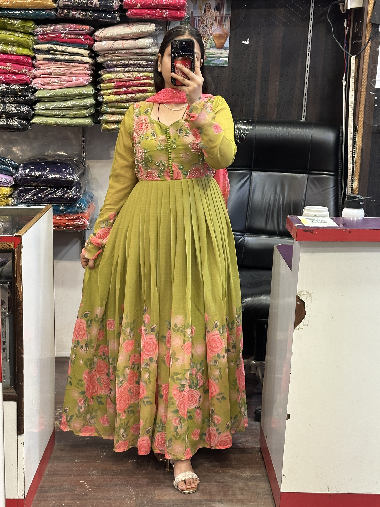 Green Soft Chiffon Floral Print Full Flair Anarkali Suit with Hand Embroidery Work on Neck & Contrast Embroidered Organza Dupatta