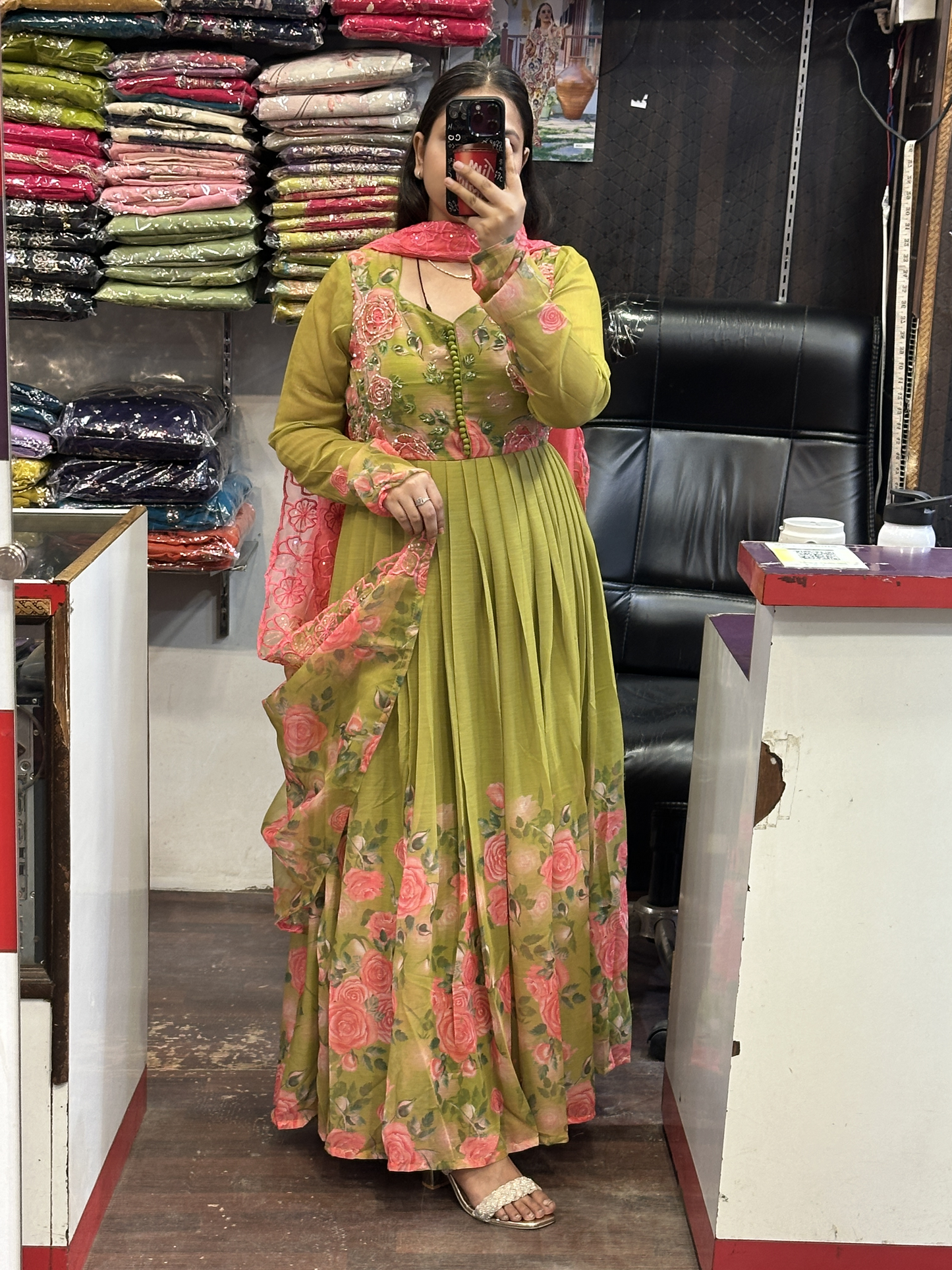 Green Soft Chiffon Floral Print Full Flair Anarkali Suit with Hand Embroidery Work on Neck & Contrast Embroidered Organza Dupatta