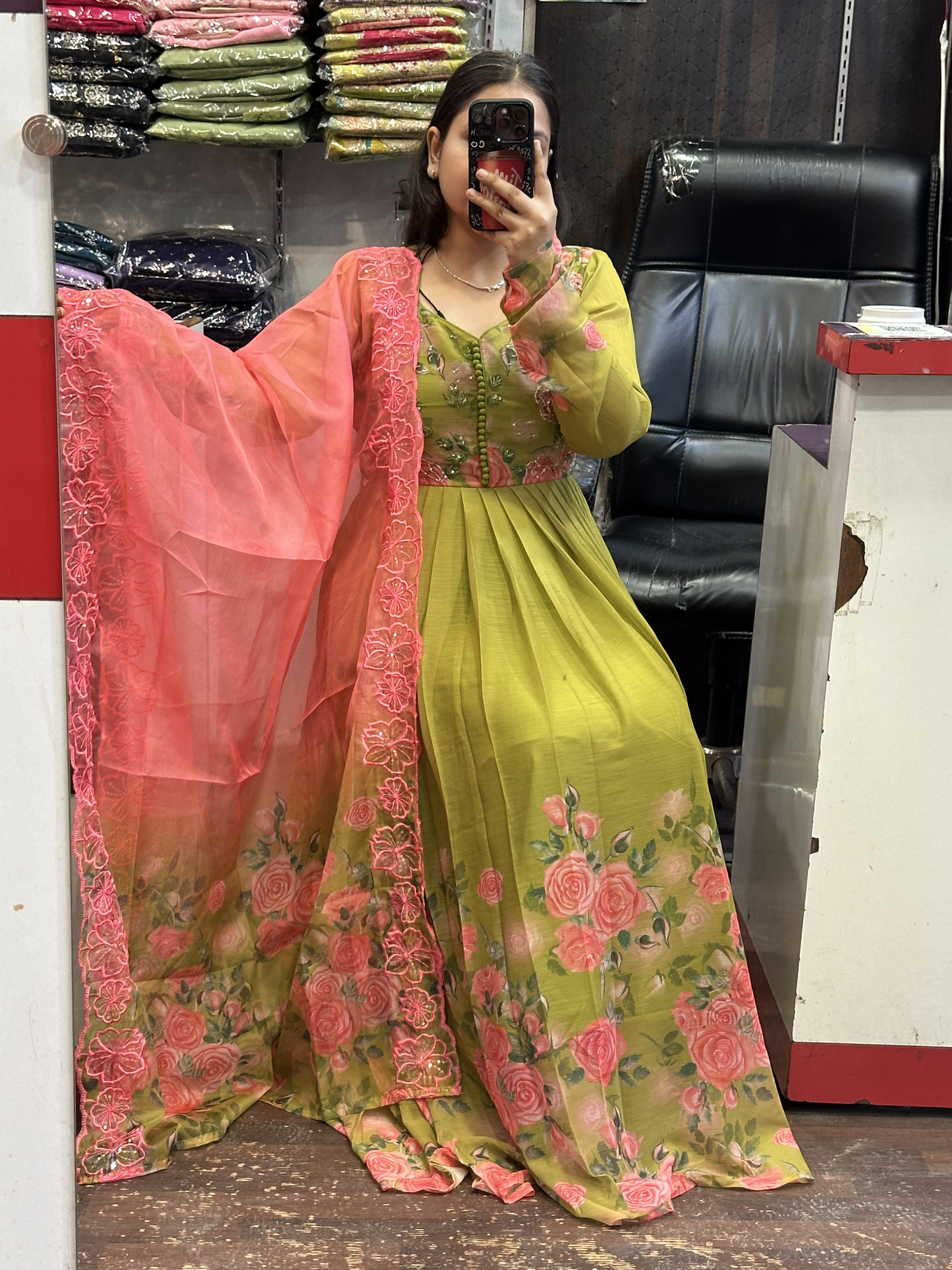 Green Soft Chiffon Floral Print Full Flair Anarkali Suit with Hand Embroidery Work on Neck & Contrast Embroidered Organza Dupatta